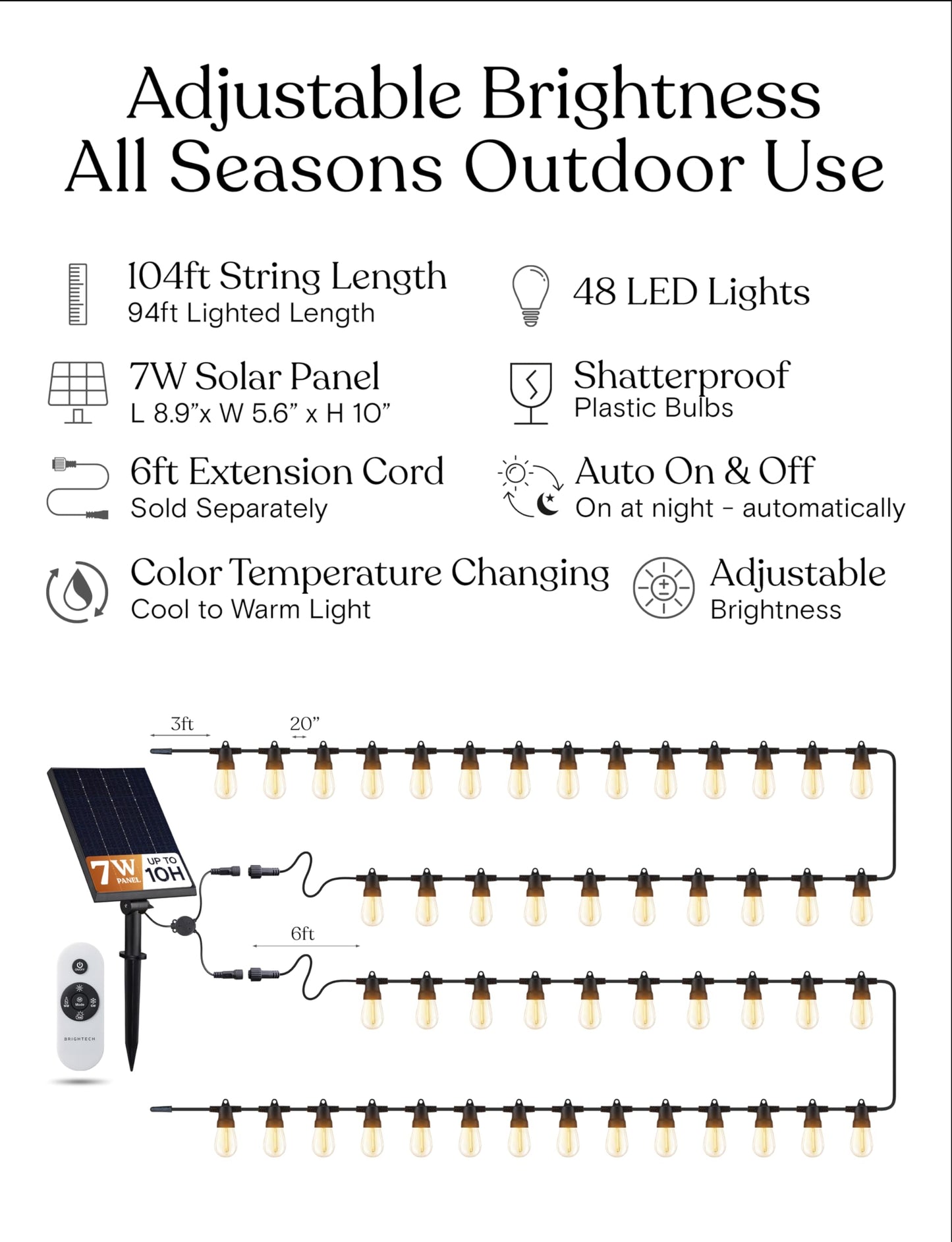 Brightech Ambience Pro Solar Powered Outdoor String Lights -27 ft Commercial Grade Waterproof Edison Patio Lights, Shatterproof LED String Lights for Outside, Porch - 12 Bulbs, 1W Soft White