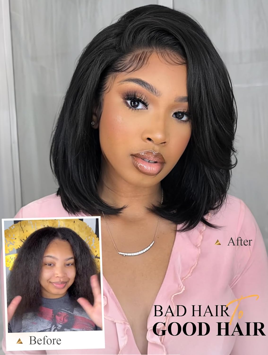 FANCEE Yaki Straight Half Wig Kinky Straight Bob Synthetic Glueless Half Wig 3 in 1 Soft Yaki Texture Bob Wigs Beginner Friendly Everyday Protective Style Natural Silk Press Look