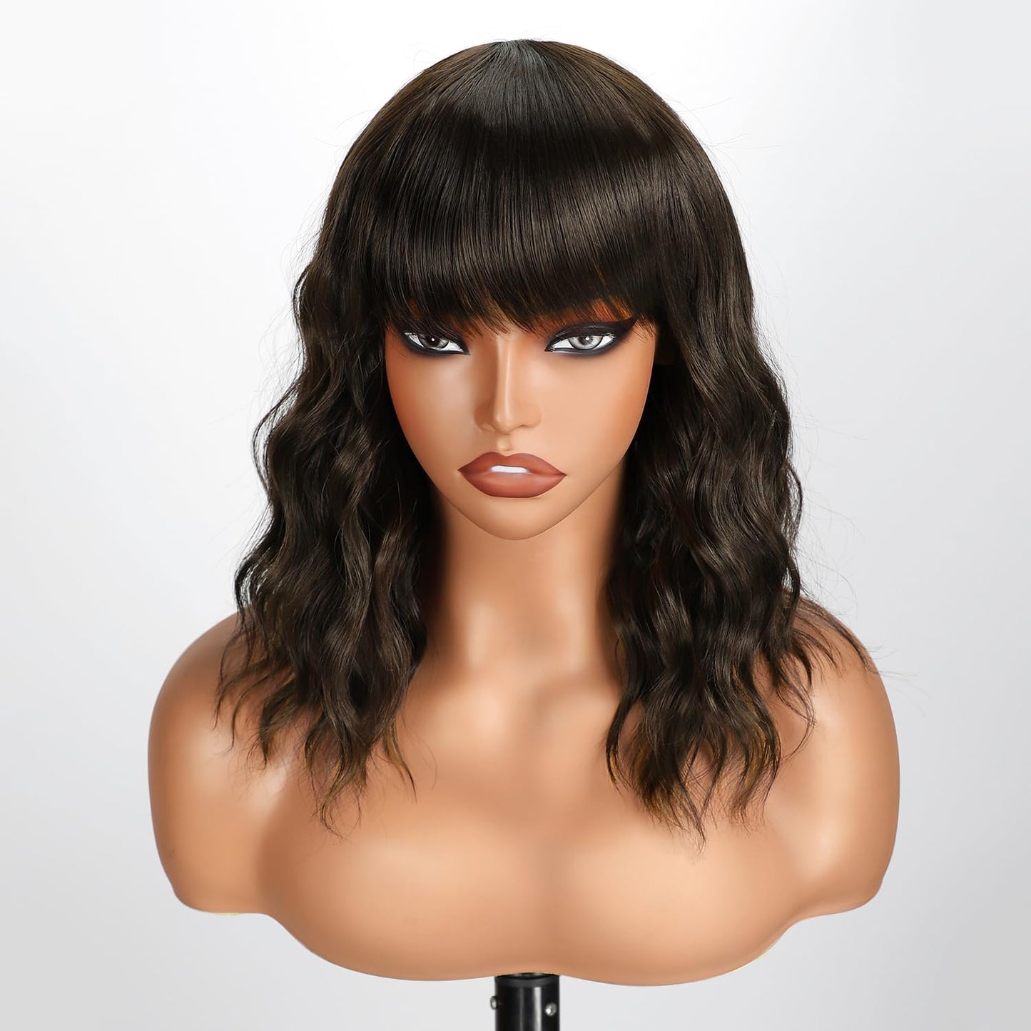 Bob Wavy Wigs for Women Reddish Caramel Brown Short Curly Hair Wig with Bangs Shoulder Length Style Synthetic Realistic Heat Resistant Wig for Everyday Hairstyle 16 Inch