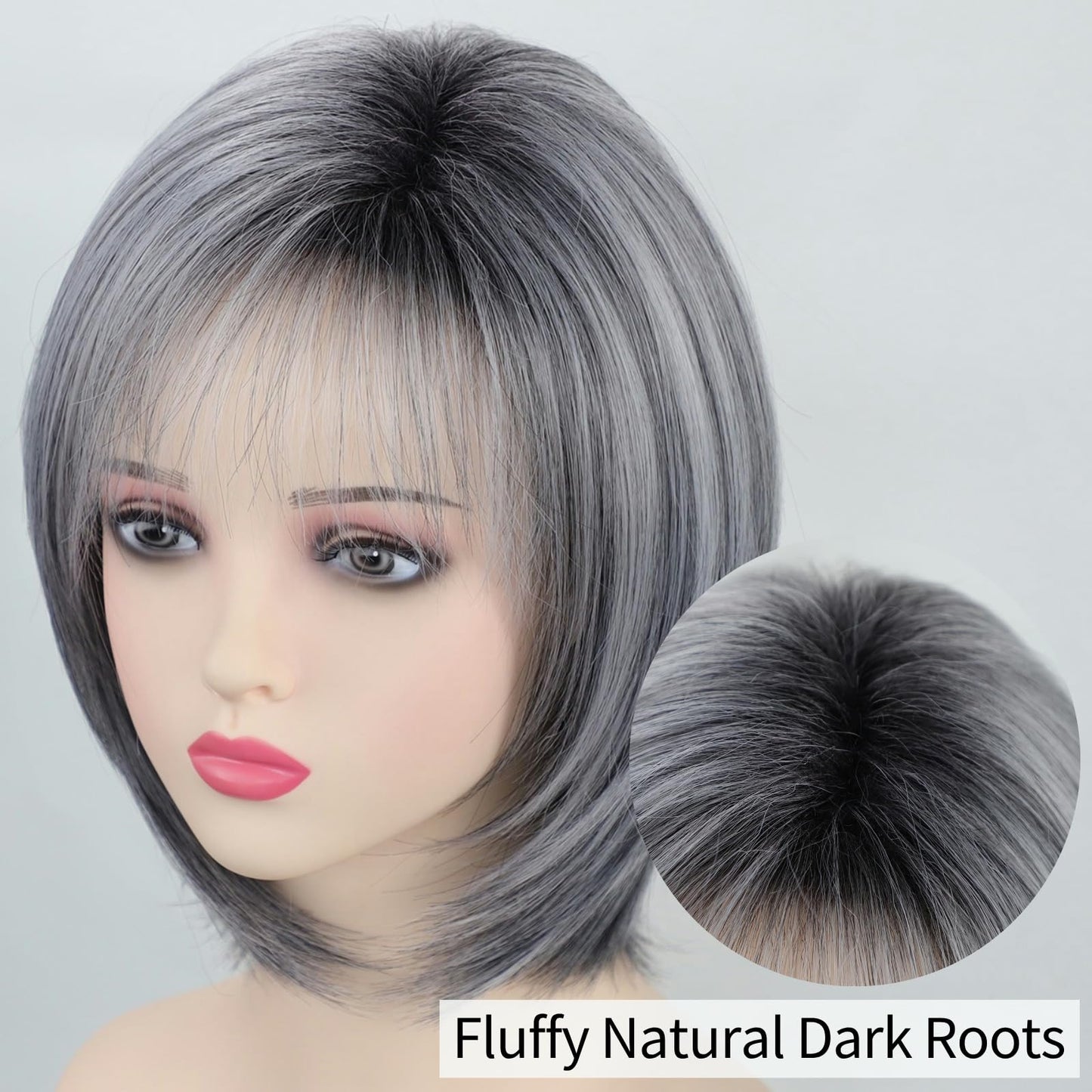 RENERSHOW Medium Length Bob Wigs for White Women Layered Blonde Highlight Straight Pixie Bob Wig with Bangs Heat Synthetic Natural Daily Party Wig 12inch Average Size Wig
