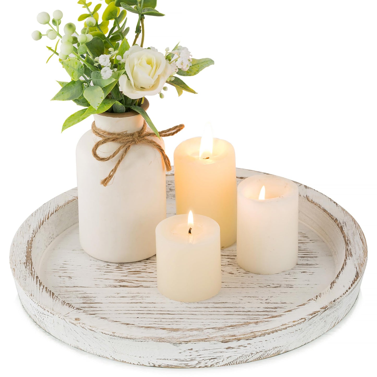 Hanobe Candle Plate Holder Tray: Round Wood Decorative Candle Plate - Rustic Farmhouse CoffeeTable Decor - Tealight Pillar Trays for Home Decor (Distressed)
