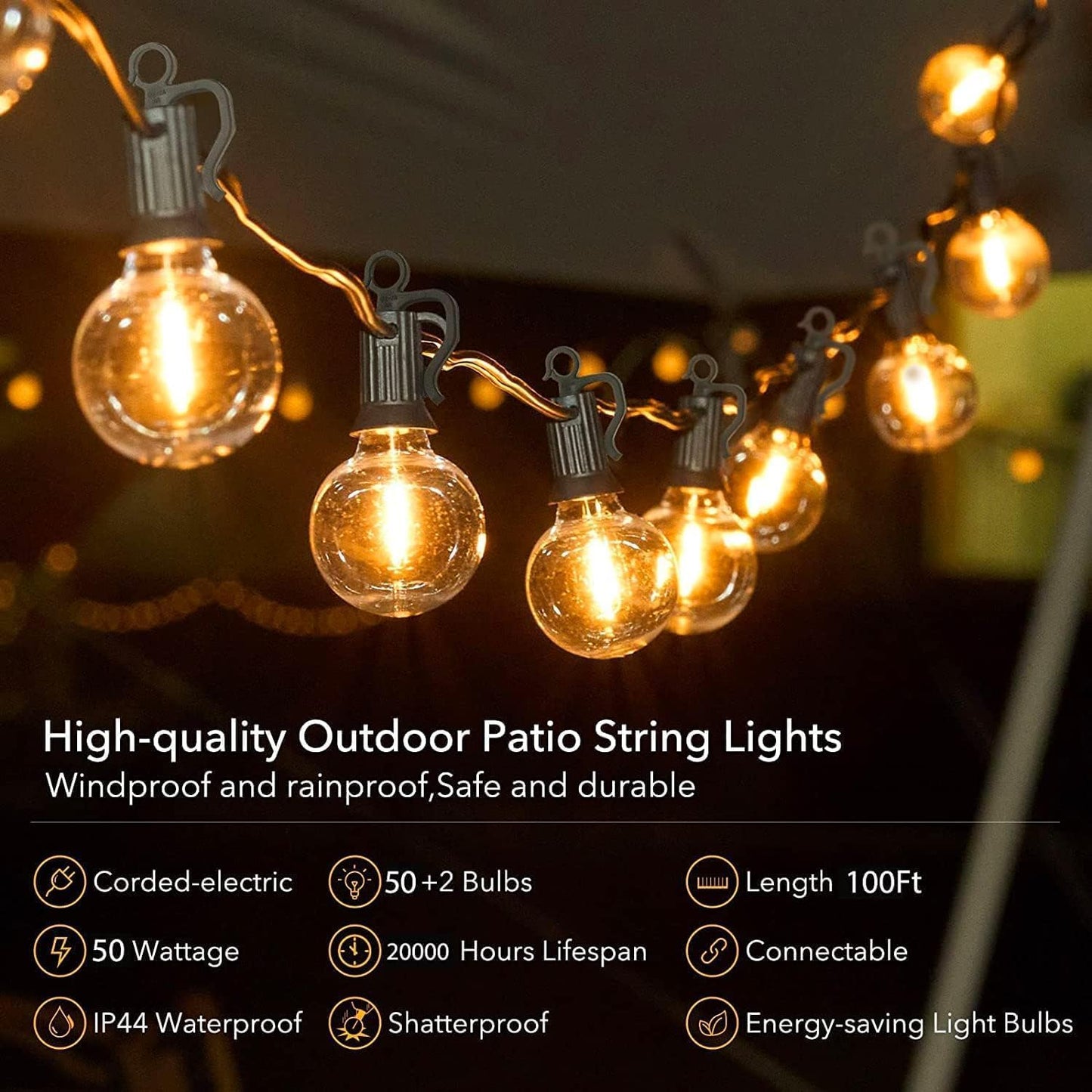Brightown Outdoor String Lights, 50FT 25 G40 Bulbs Shatterproof Patio Lights, IP65 Waterproof Dimmable Hanging Connectable Globe LED Outdoor Lights for Backyard, Bistro, Porch, Deck, Balcony