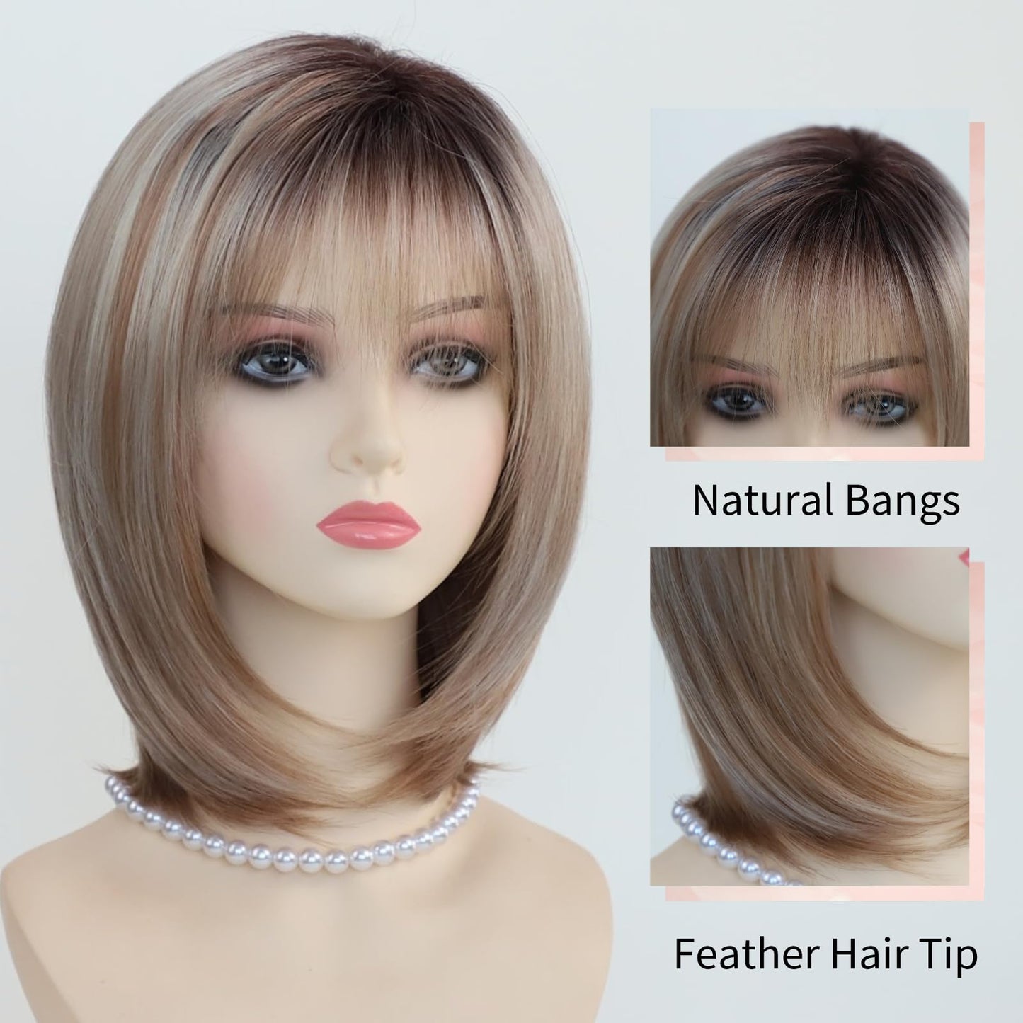 RENERSHOW Medium Length Bob Wigs for White Women Layered Blonde Highlight Straight Pixie Bob Wig with Bangs Heat Synthetic Natural Daily Party Wig 12inch Average Size Wig