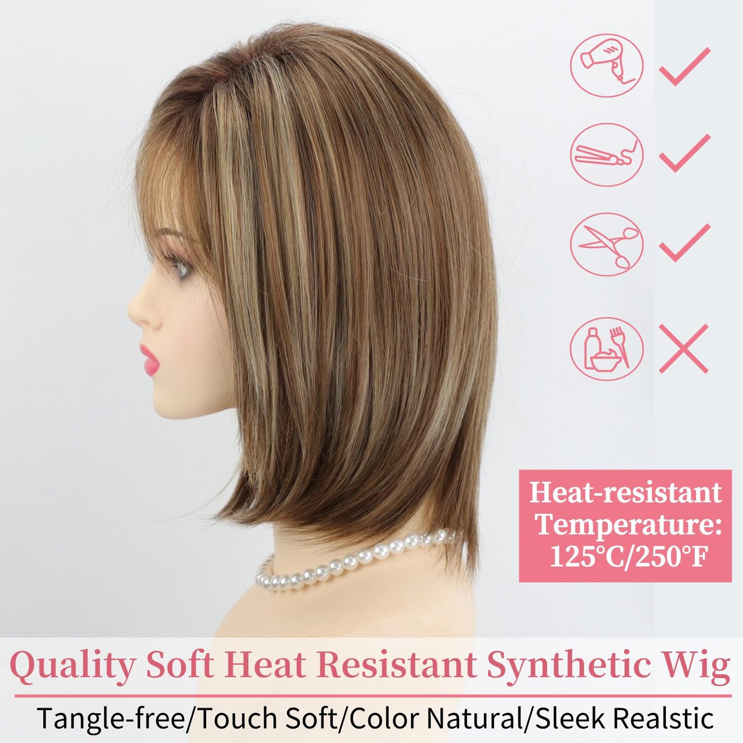 RENERSHOW Medium Length Bob Wigs for White Women Layered Blonde Highlight Straight Pixie Bob Wig with Bangs Heat Synthetic Natural Daily Party Wig 12inch Average Size Wig