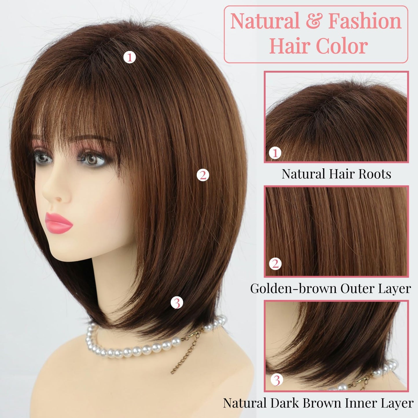 RENERSHOW Medium Length Bob Wigs for White Women Layered Blonde Highlight Straight Pixie Bob Wig with Bangs Heat Synthetic Natural Daily Party Wig 12inch Average Size Wig
