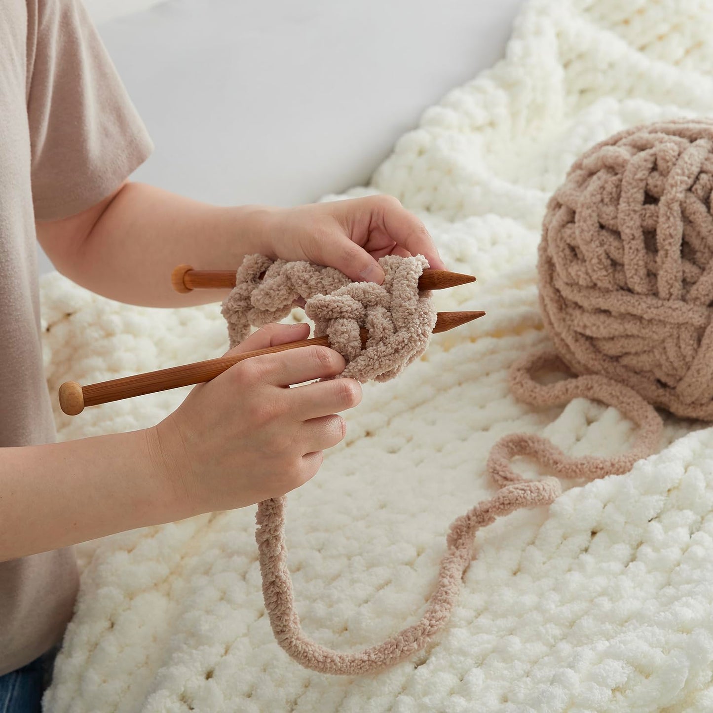 Amélie Home Chunky Knit Throw Blanket for Couch, Soft Chenille Handmade Crochet Throw Rope Knot Blanket for Couch, 50"x60", Space-Dyed Blue Striped