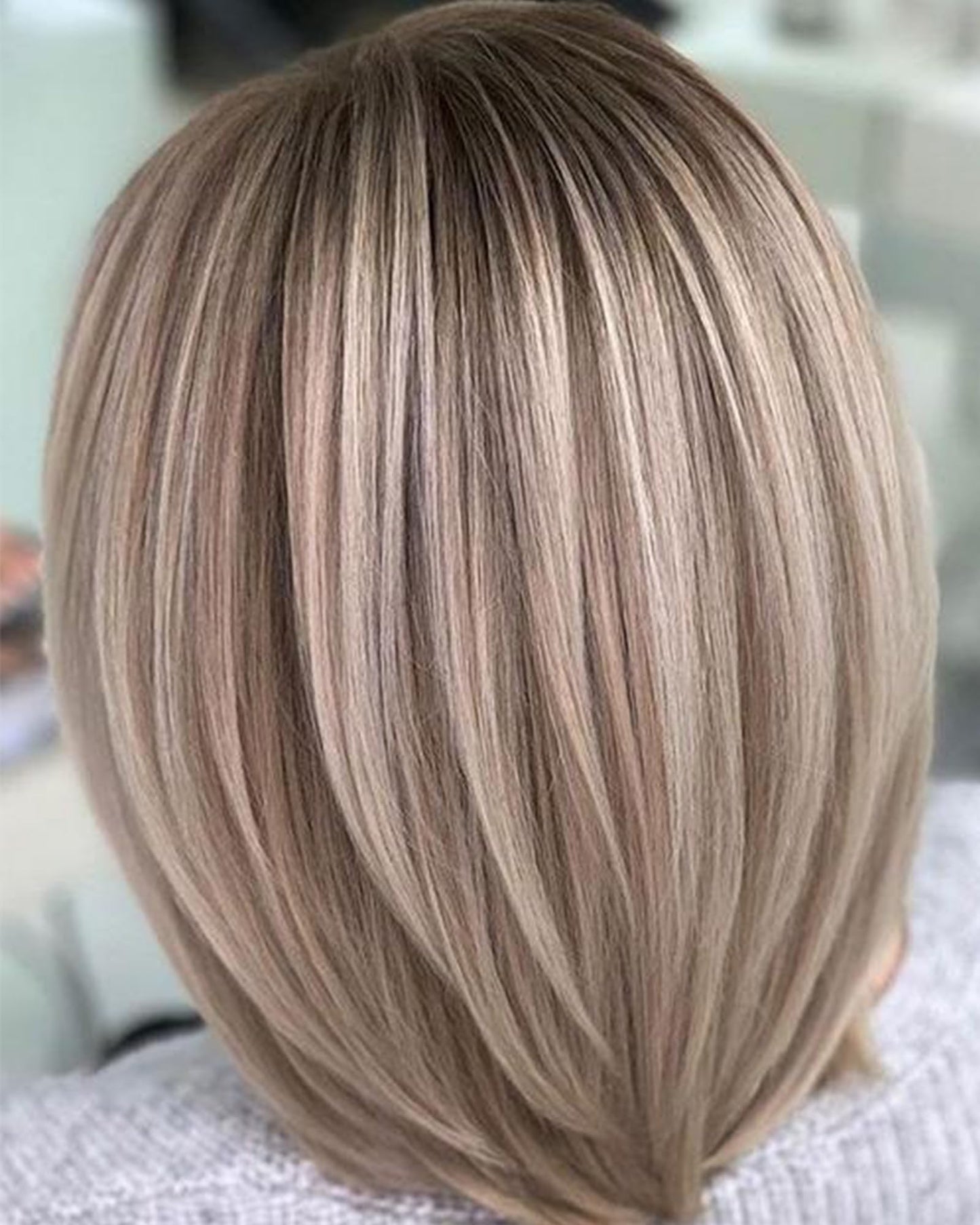 RENERSHOW Medium Length Bob Wigs for White Women Layered Blonde Highlight Straight Pixie Bob Wig with Bangs Heat Synthetic Natural Daily Party Wig 12inch Average Size Wig