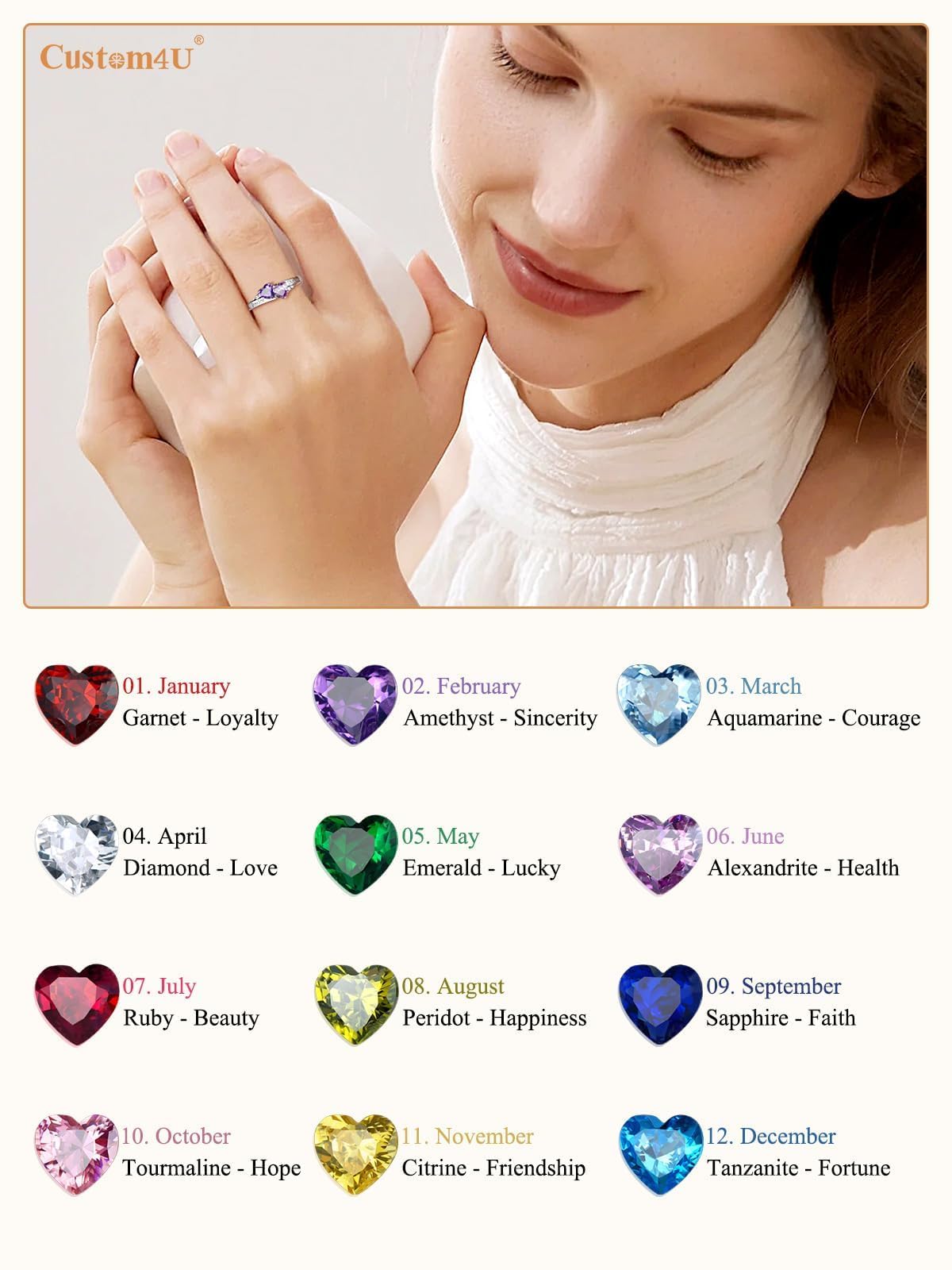 Custom4U Personalized 1-4 Birthstone Rings for Women Promise Rings for Her Sterling Silver Mothers Ring Customized Cubic Zirconia Stones Wedding/Valentine's Day/Mother's Day Jewelry Gift for Mom Wife