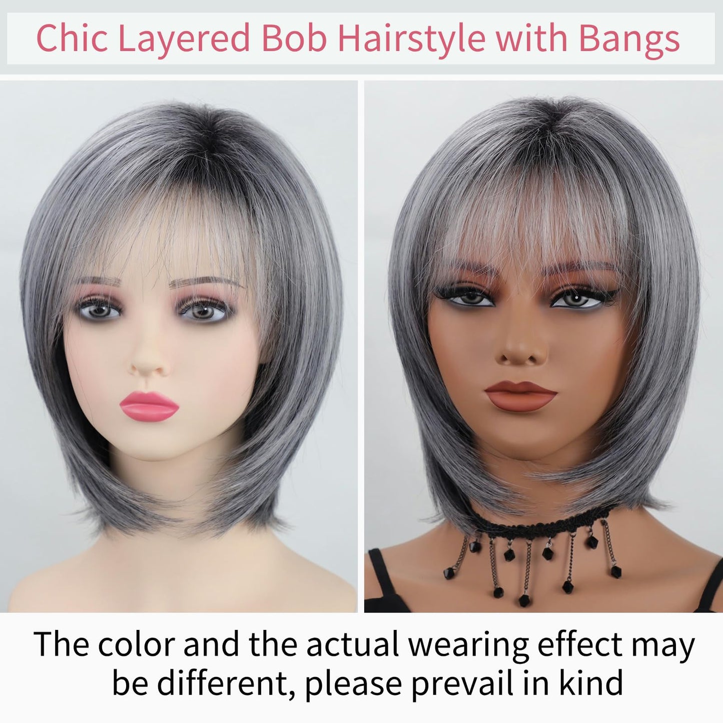 RENERSHOW Medium Length Bob Wigs for White Women Layered Blonde Highlight Straight Pixie Bob Wig with Bangs Heat Synthetic Natural Daily Party Wig 12inch Average Size Wig
