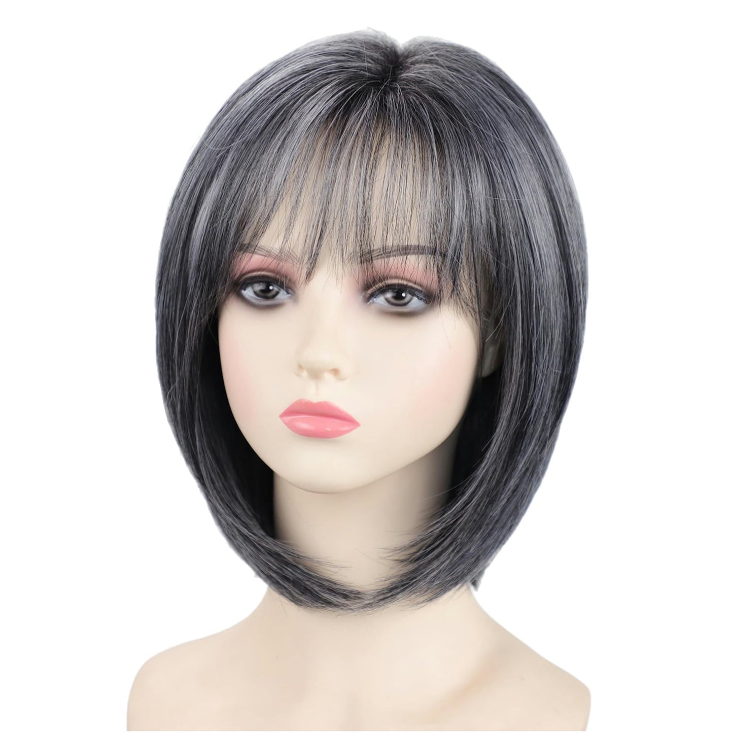 RENERSHOW Medium Length Bob Wigs for White Women Layered Blonde Highlight Straight Pixie Bob Wig with Bangs Heat Synthetic Natural Daily Party Wig 12inch Average Size Wig