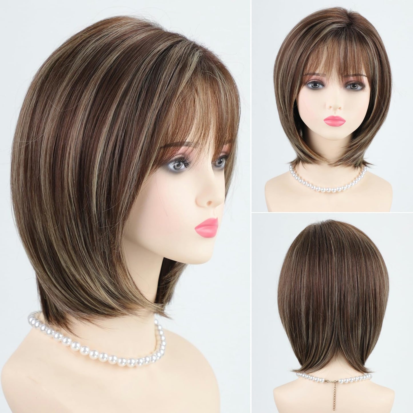 RENERSHOW Medium Length Bob Wigs for White Women Layered Blonde Highlight Straight Pixie Bob Wig with Bangs Heat Synthetic Natural Daily Party Wig 12inch Average Size Wig