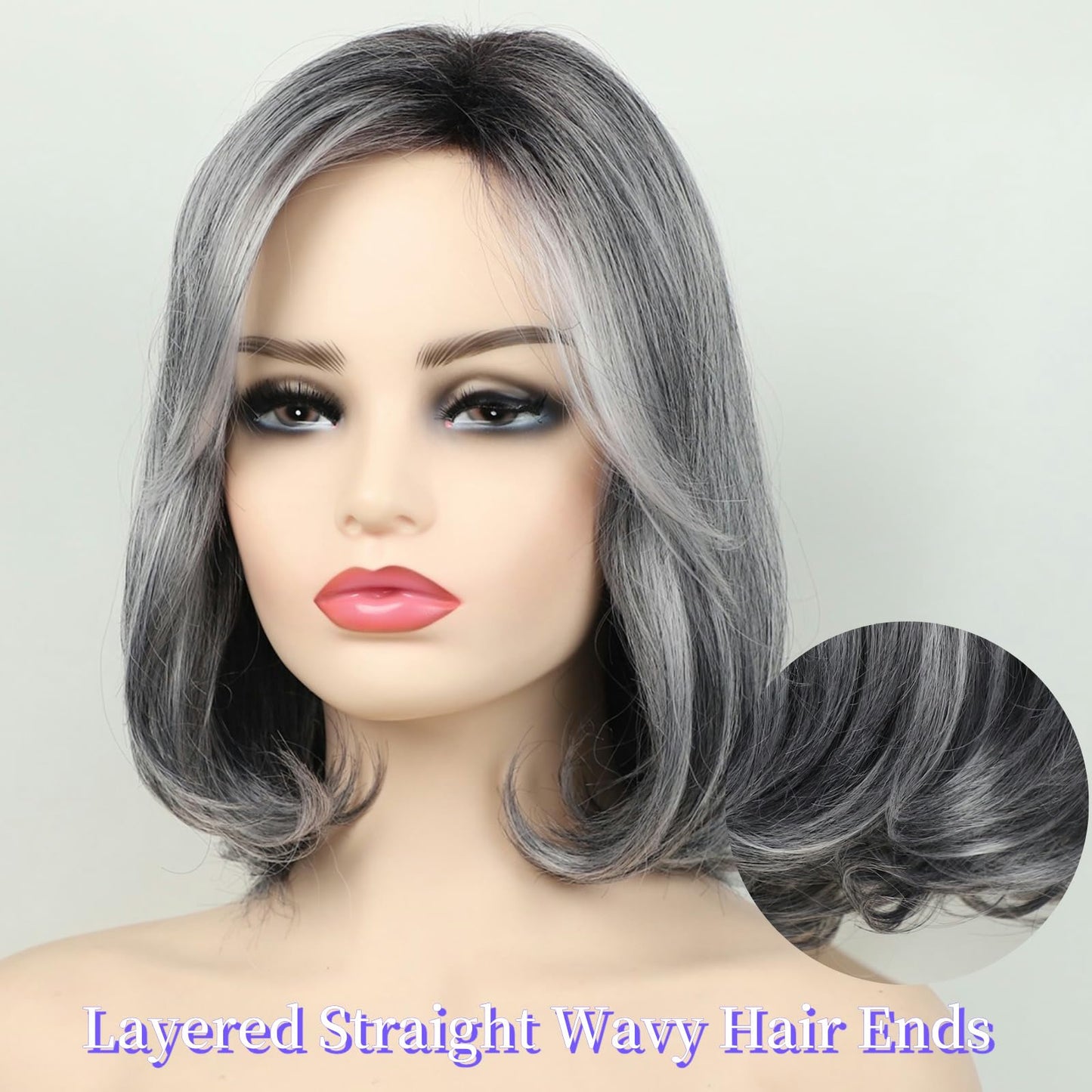 RENERSHOW Medium Length Bob Wigs for White Women Layered Blonde Highlight Straight Pixie Bob Wig with Bangs Heat Synthetic Natural Daily Party Wig 12inch Average Size Wig