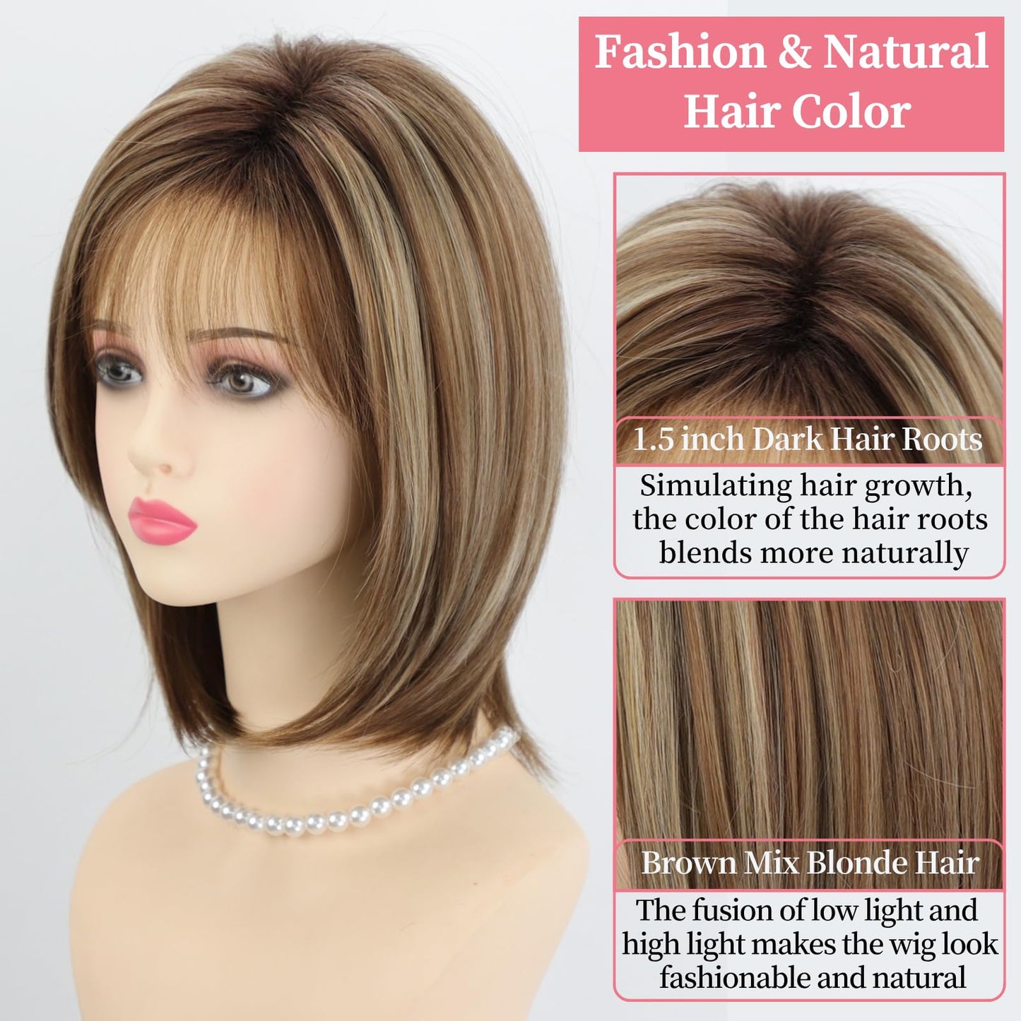 RENERSHOW Medium Length Bob Wigs for White Women Layered Blonde Highlight Straight Pixie Bob Wig with Bangs Heat Synthetic Natural Daily Party Wig 12inch Average Size Wig