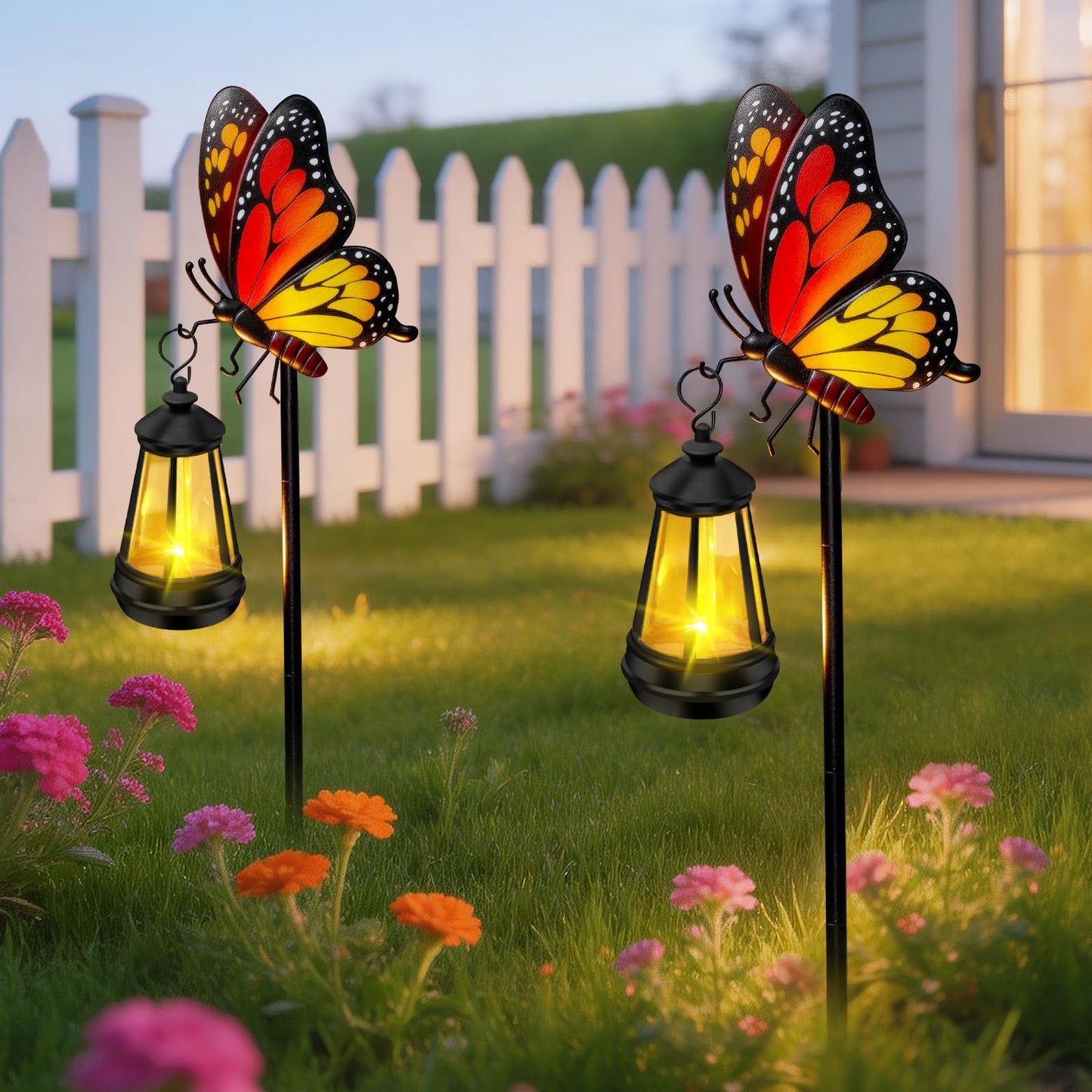 ZFNN Solar Garden Decor Lights Outdoor Waterproof, Metal Butterfly Stakes with Solar Lanterns, Solar Garden Lights for Decorative Yard Art Outside Patio Lawn Ornaments, Gifts for Women Mom