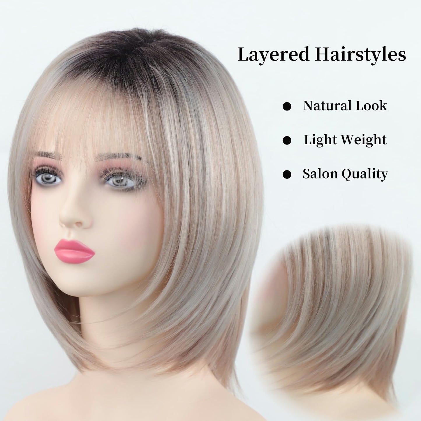 RENERSHOW Medium Length Bob Wigs for White Women Layered Blonde Highlight Straight Pixie Bob Wig with Bangs Heat Synthetic Natural Daily Party Wig 12inch Average Size Wig
