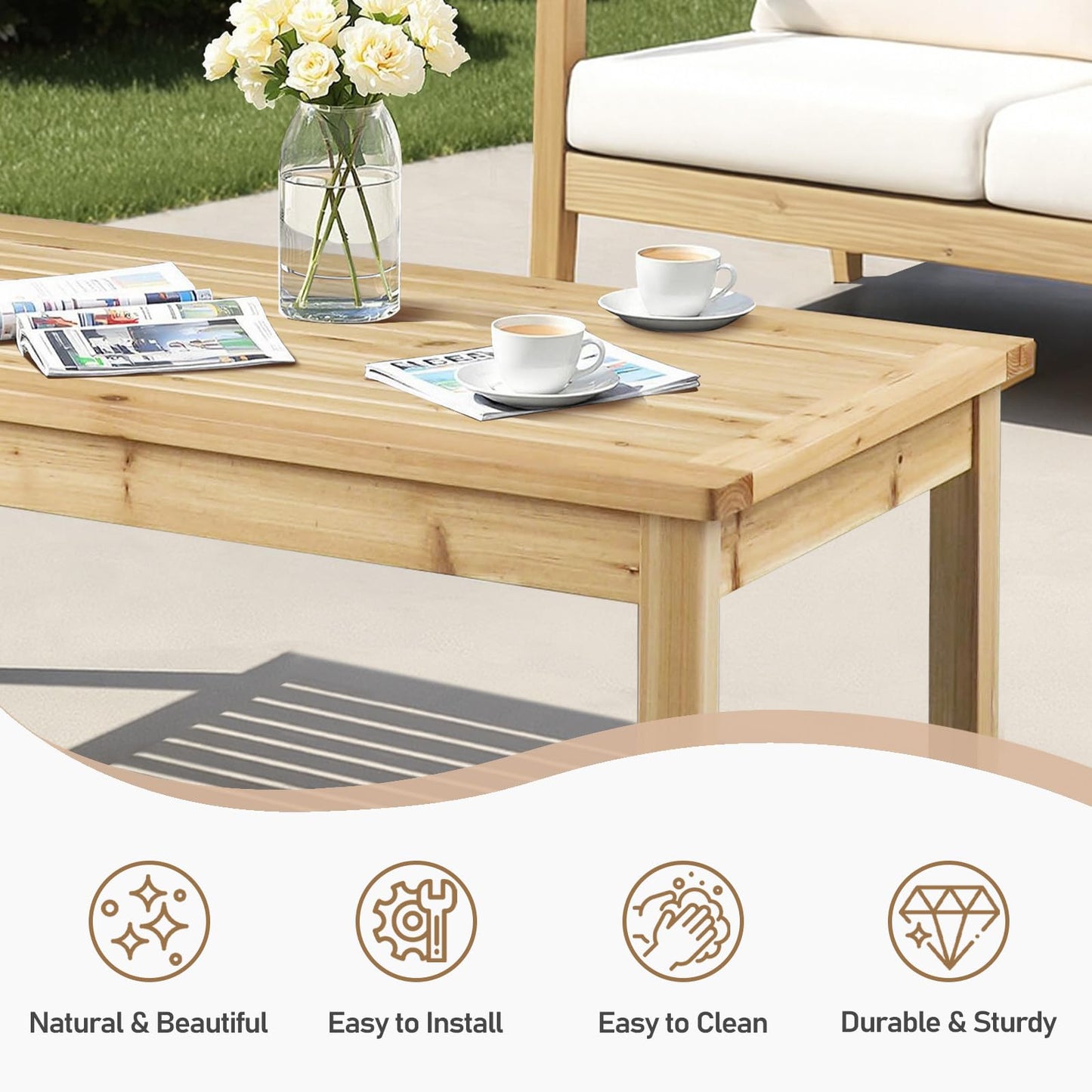VINGLI Outdoor Wood Coffee Table, 35" Farmhouse Side Table for Patio, Solid Cedar Wood Accent Table with Slatted Tabletop, Weather-Resistant End Table for Garden, Poolside, Lawn, Living Room (Brown)