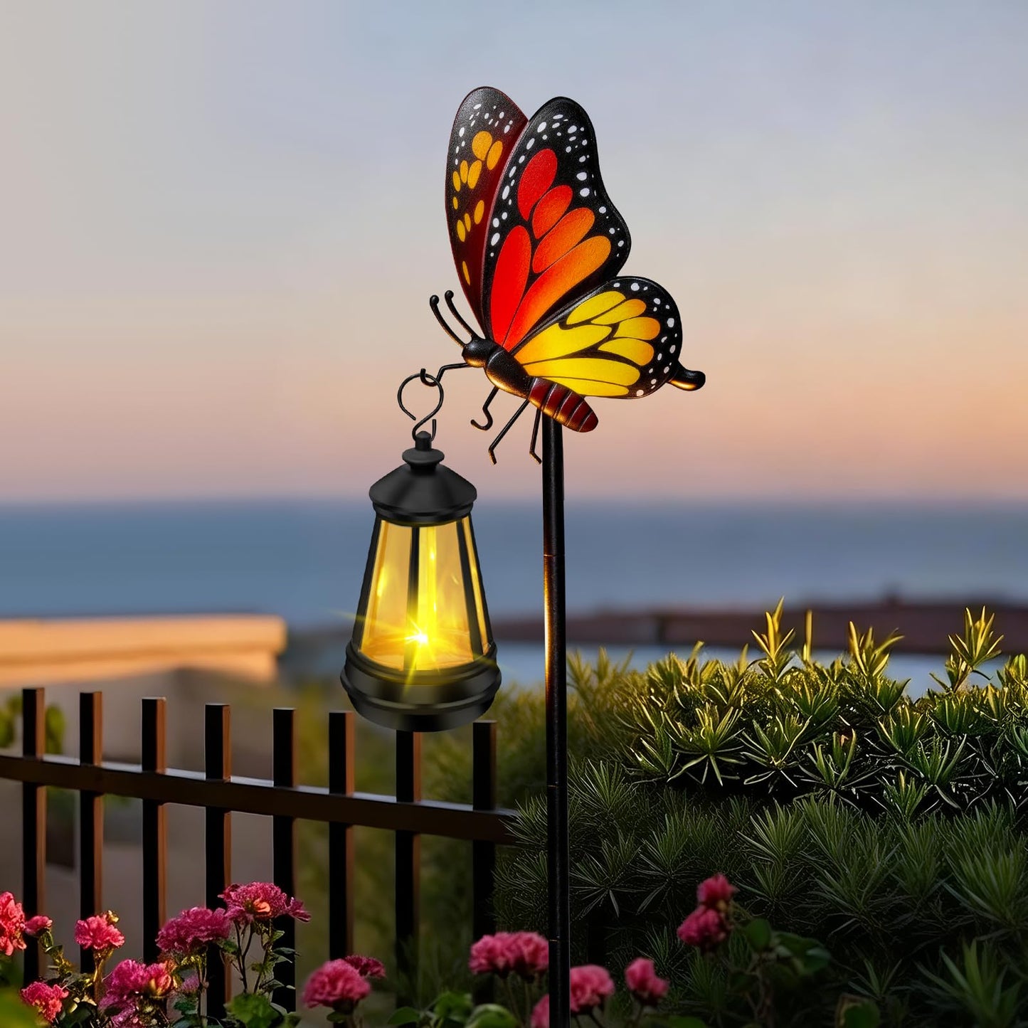 ZFNN Solar Garden Decor Lights Outdoor Waterproof, Metal Butterfly Stakes with Solar Lanterns, Solar Garden Lights for Decorative Yard Art Outside Patio Lawn Ornaments, Gifts for Women Mom