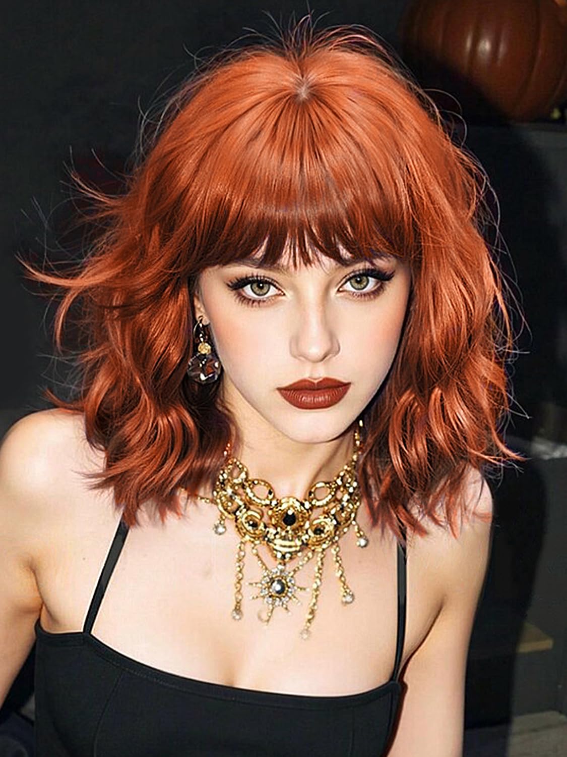 Bob Wavy Wigs for Women Reddish Caramel Brown Short Curly Hair Wig with Bangs Shoulder Length Style Synthetic Realistic Heat Resistant Wig for Everyday Hairstyle 16 Inch
