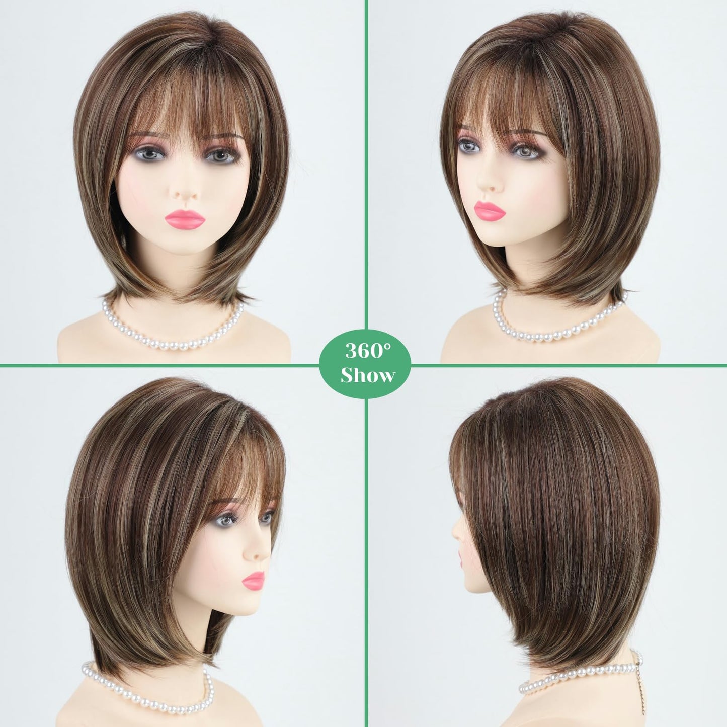 RENERSHOW Medium Length Bob Wigs for White Women Layered Blonde Highlight Straight Pixie Bob Wig with Bangs Heat Synthetic Natural Daily Party Wig 12inch Average Size Wig