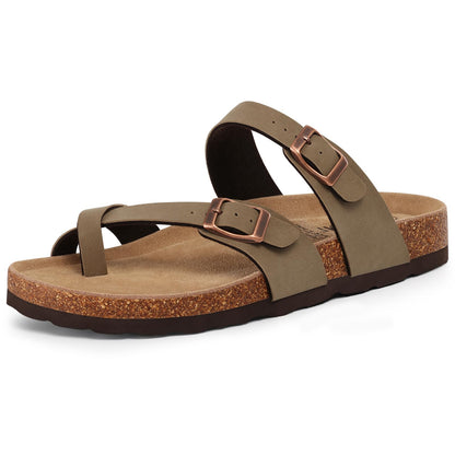 KIDMI Women's Cork Footbed Sandals with Toe Loop, Comfortable Summer Slip-On Slides with Adjustable Buckle