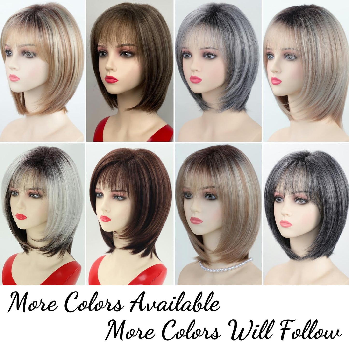 RENERSHOW Medium Length Bob Wigs for White Women Layered Blonde Highlight Straight Pixie Bob Wig with Bangs Heat Synthetic Natural Daily Party Wig 12inch Average Size Wig
