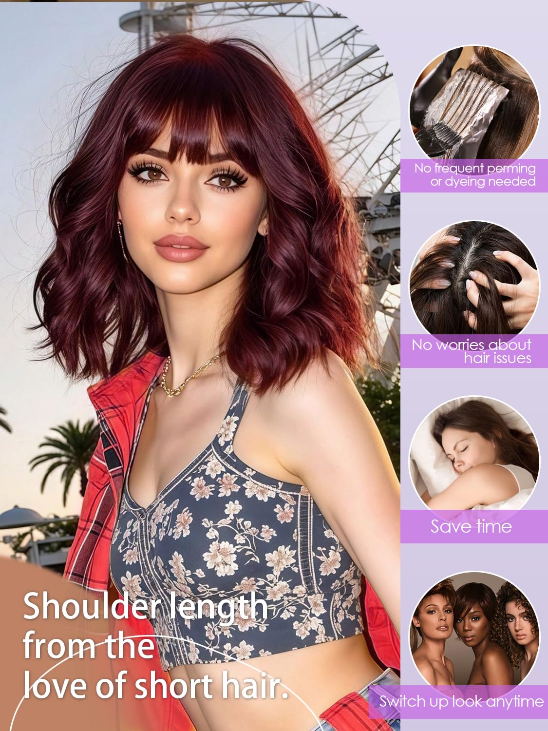 Bob Wavy Wigs for Women Reddish Caramel Brown Short Curly Hair Wig with Bangs Shoulder Length Style Synthetic Realistic Heat Resistant Wig for Everyday Hairstyle 16 Inch