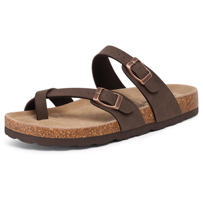 KIDMI Women's Cork Footbed Sandals with Toe Loop, Comfortable Summer Slip-On Slides with Adjustable Buckle
