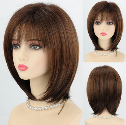 RENERSHOW Medium Length Bob Wigs for White Women Layered Blonde Highlight Straight Pixie Bob Wig with Bangs Heat Synthetic Natural Daily Party Wig 12inch Average Size Wig
