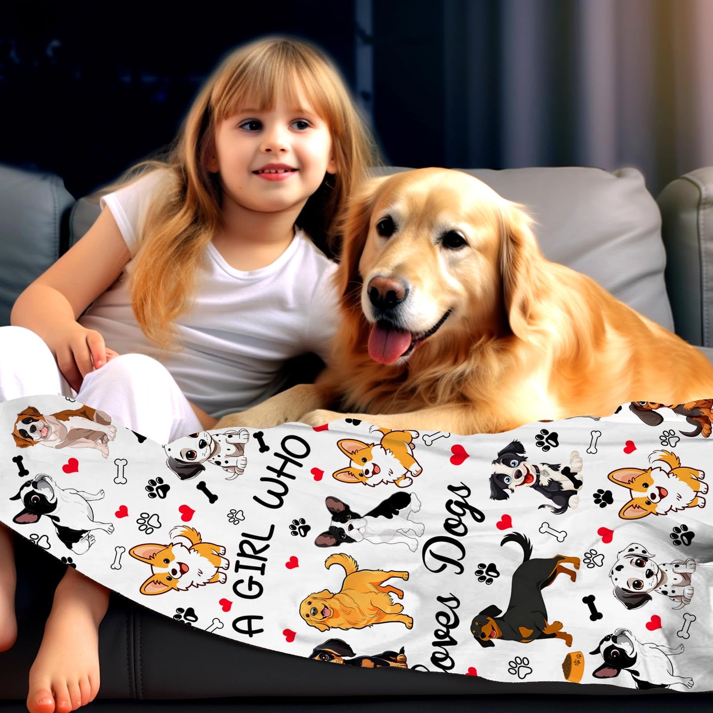 Dog Gifts for Girls Women Puppy Plush Just A Girl Who Loves Dogs Print Throw Blanket Stuff Cute Puppys Themed Dog Blanket for Girls Women Kids Dogs Lovers Birthday Decorations Bed Room Decor 50"X40"