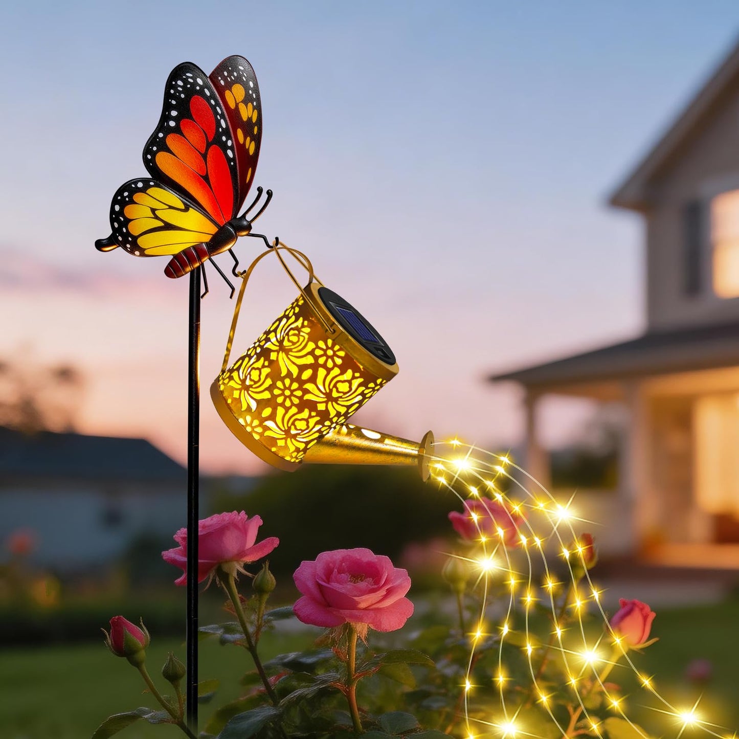 Solar Lights Outdoor Decorative, Watering Can with Cascading Lights, with Dog Silhouette Garden Stakes, Gifts for Mom Women, Waterproof Metal Garden Decor for Yard Art, Outside(1 Pack)