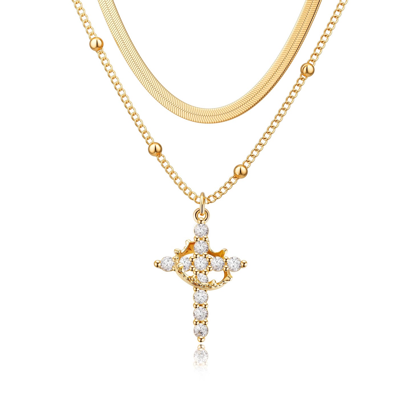 Robaice Cross Necklace for Women, 14K Gold Plated Crown Cross Pendant Necklace, Non-Tarnish Faith Jewelry for Women, Christian Religious Gifts