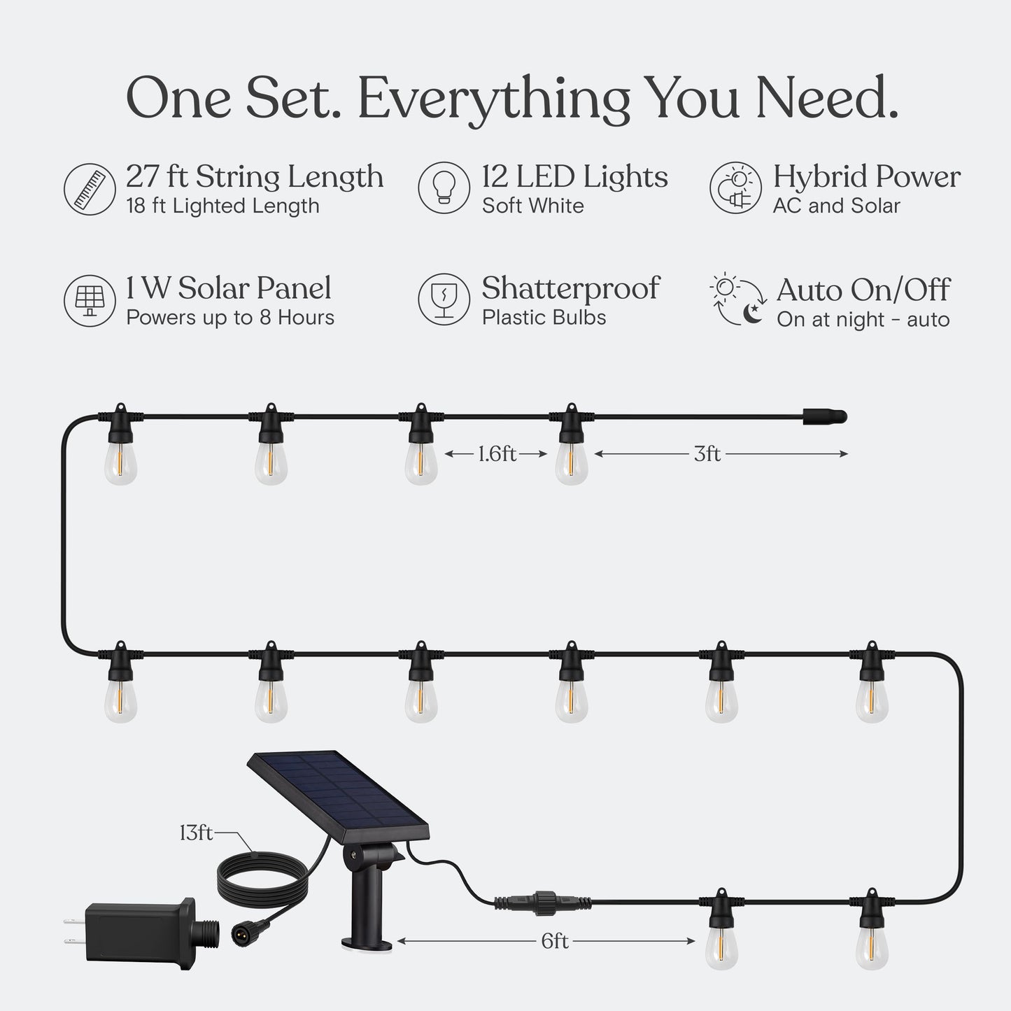 Brightech Ambience Pro Solar Powered Outdoor String Lights -27 ft Commercial Grade Waterproof Edison Patio Lights, Shatterproof LED String Lights for Outside, Porch - 12 Bulbs, 1W Soft White