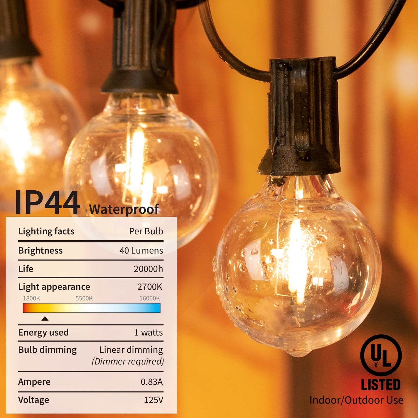Brightown Outdoor String Lights, 50FT 25 G40 Bulbs Shatterproof Patio Lights, IP65 Waterproof Dimmable Hanging Connectable Globe LED Outdoor Lights for Backyard, Bistro, Porch, Deck, Balcony