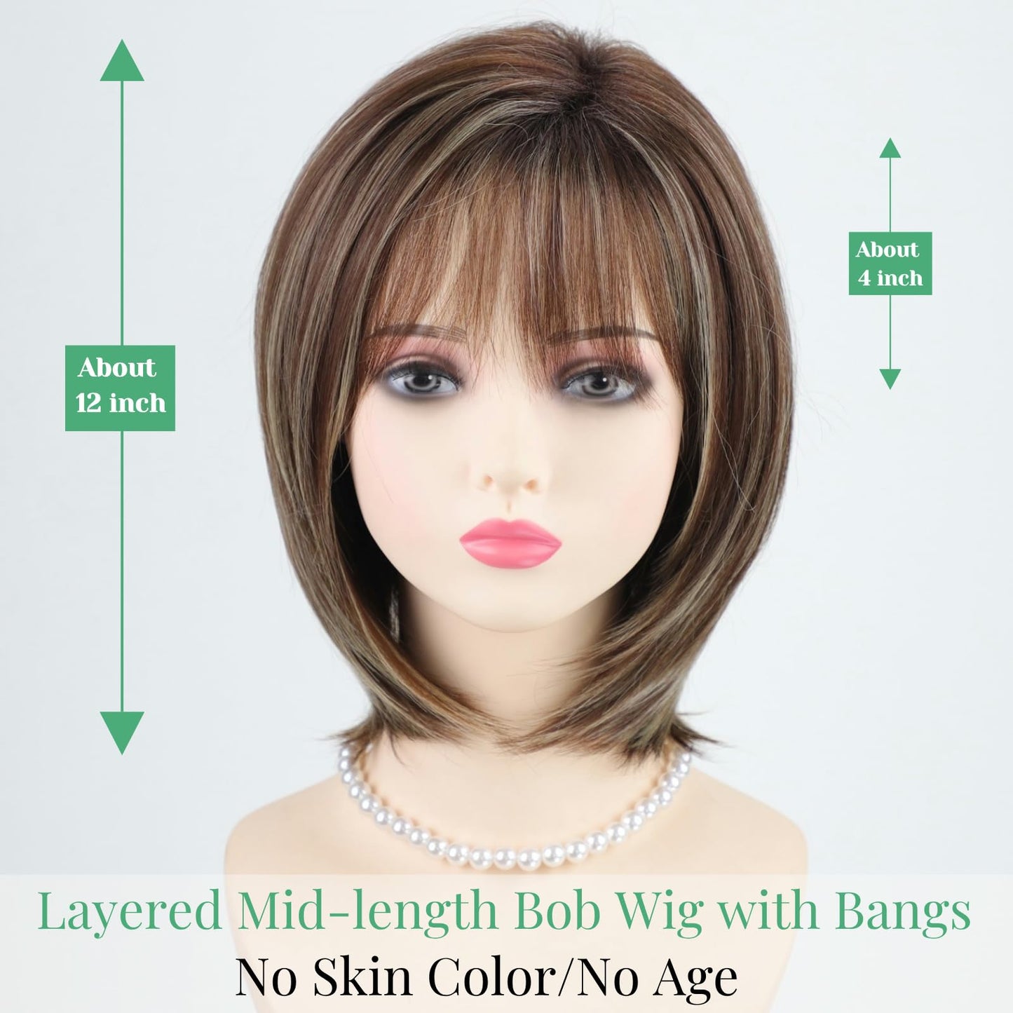 RENERSHOW Medium Length Bob Wigs for White Women Layered Blonde Highlight Straight Pixie Bob Wig with Bangs Heat Synthetic Natural Daily Party Wig 12inch Average Size Wig