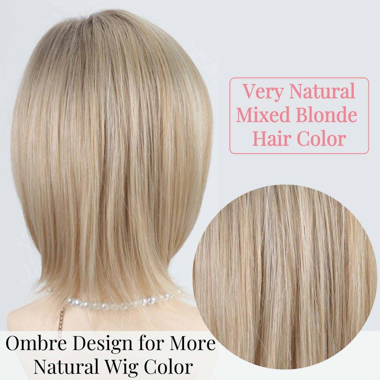RENERSHOW Medium Length Bob Wigs for White Women Layered Blonde Highlight Straight Pixie Bob Wig with Bangs Heat Synthetic Natural Daily Party Wig 12inch Average Size Wig