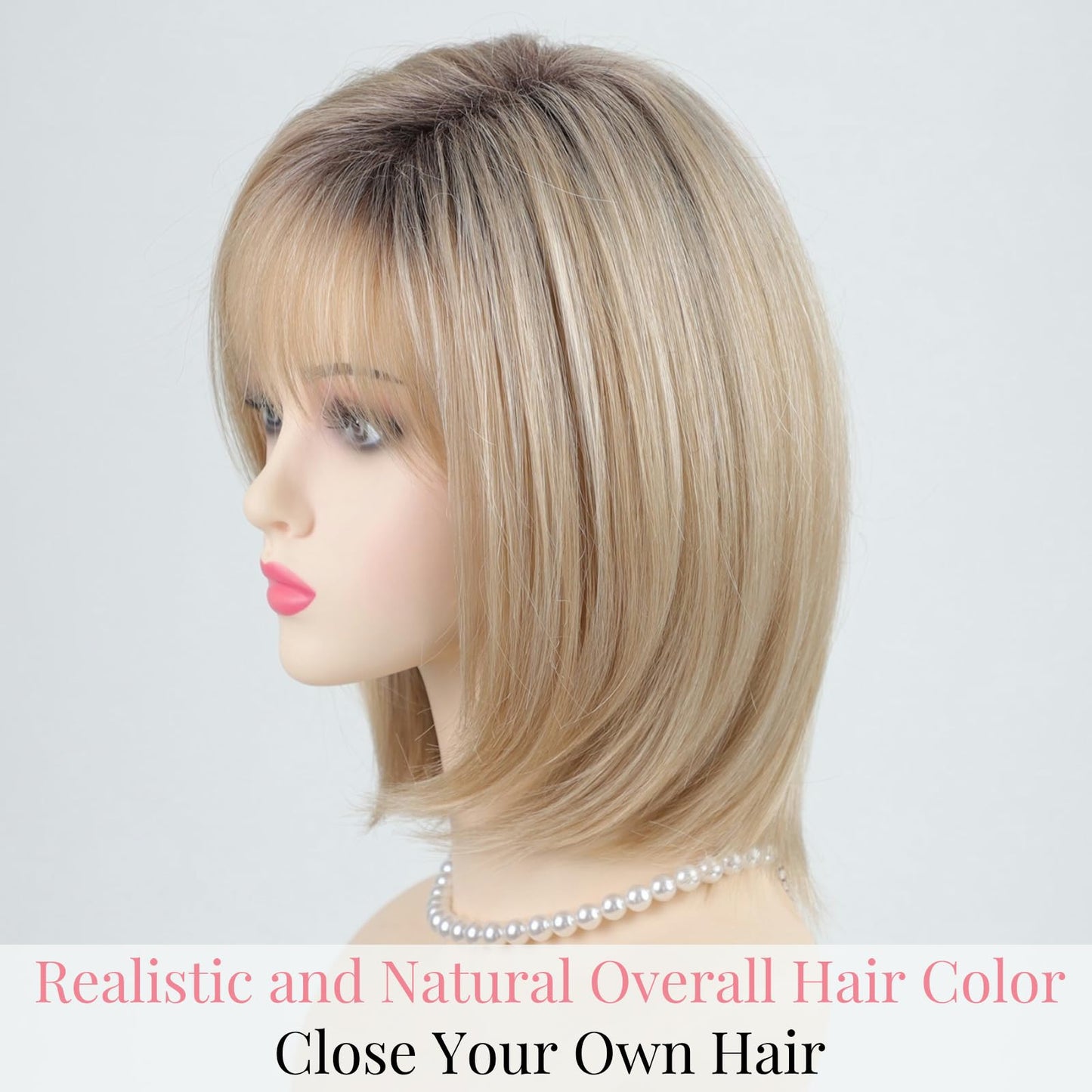 RENERSHOW Medium Length Bob Wigs for White Women Layered Blonde Highlight Straight Pixie Bob Wig with Bangs Heat Synthetic Natural Daily Party Wig 12inch Average Size Wig