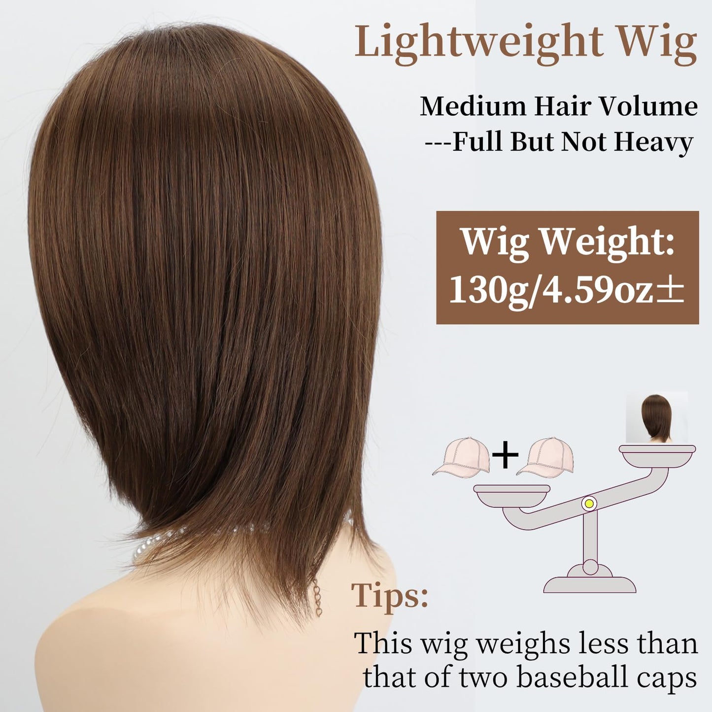 RENERSHOW Medium Length Bob Wigs for White Women Layered Blonde Highlight Straight Pixie Bob Wig with Bangs Heat Synthetic Natural Daily Party Wig 12inch Average Size Wig
