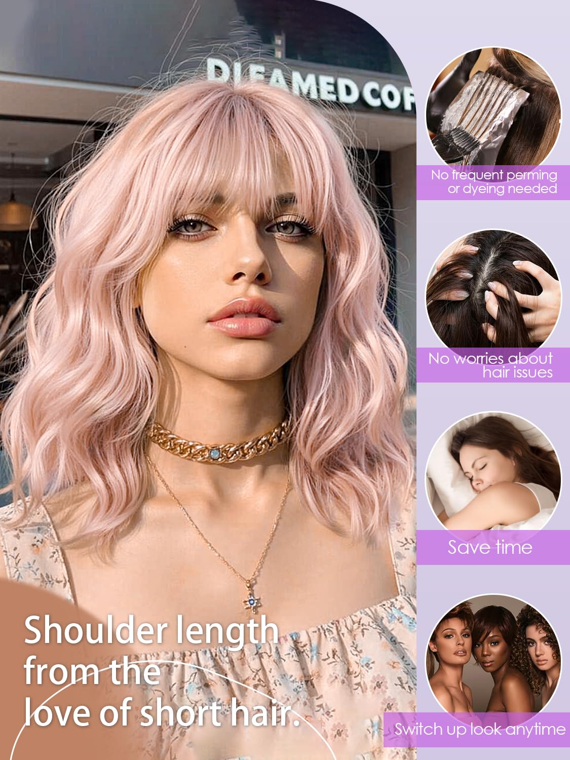 Bob Wavy Wigs for Women Reddish Caramel Brown Short Curly Hair Wig with Bangs Shoulder Length Style Synthetic Realistic Heat Resistant Wig for Everyday Hairstyle 16 Inch