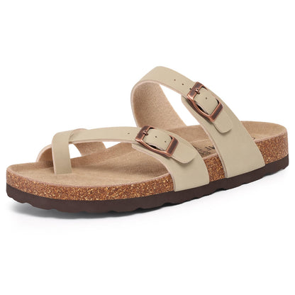 KIDMI Women's Cork Footbed Sandals with Toe Loop, Comfortable Summer Slip-On Slides with Adjustable Buckle