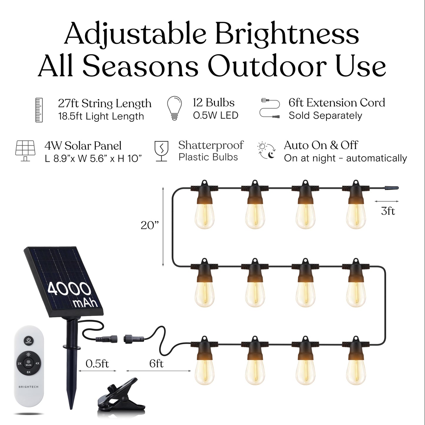 Brightech Ambience Pro Solar Powered Outdoor String Lights -27 ft Commercial Grade Waterproof Edison Patio Lights, Shatterproof LED String Lights for Outside, Porch - 12 Bulbs, 1W Soft White