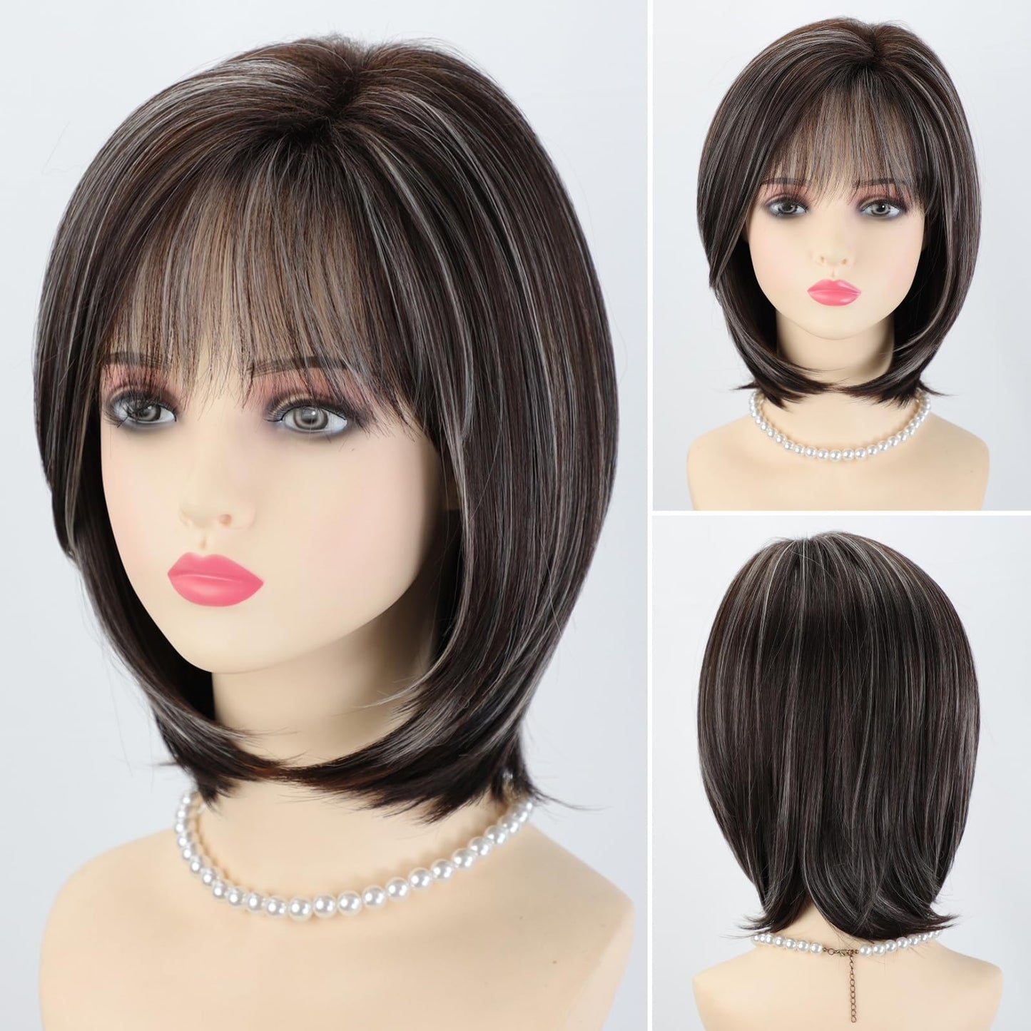 RENERSHOW Medium Length Bob Wigs for White Women Layered Blonde Highlight Straight Pixie Bob Wig with Bangs Heat Synthetic Natural Daily Party Wig 12inch Average Size Wig