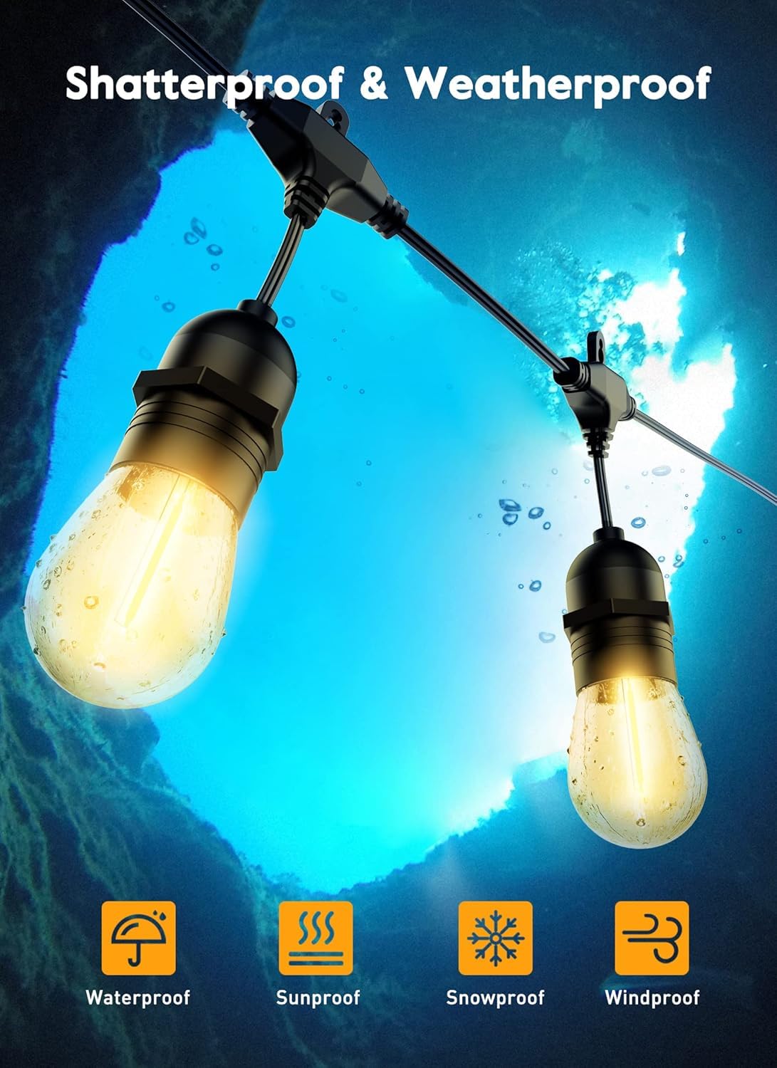 Brightown Outdoor String Lights, 50FT 25 G40 Bulbs Shatterproof Patio Lights, IP65 Waterproof Dimmable Hanging Connectable Globe LED Outdoor Lights for Backyard, Bistro, Porch, Deck, Balcony