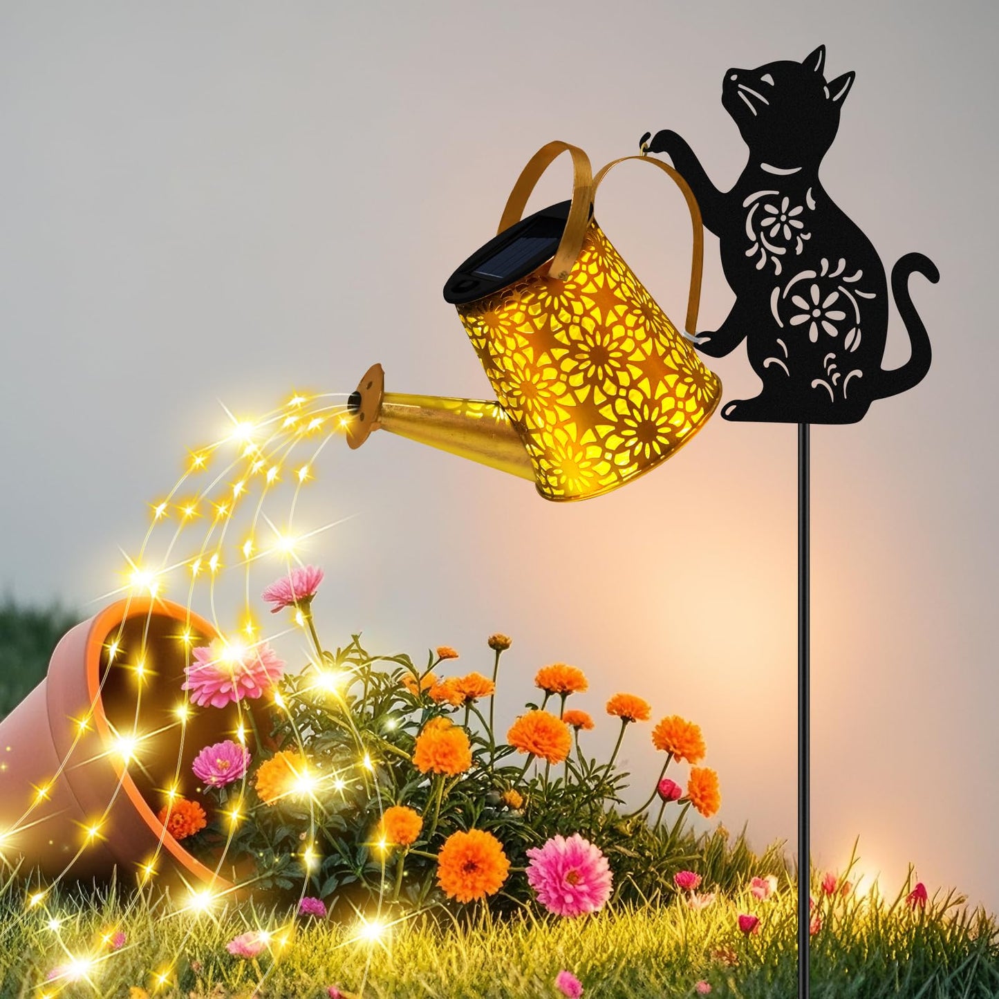 Solar Lights Outdoor Decorative, Watering Can with Cascading Lights, with Dog Silhouette Garden Stakes, Gifts for Mom Women, Waterproof Metal Garden Decor for Yard Art, Outside(1 Pack)
