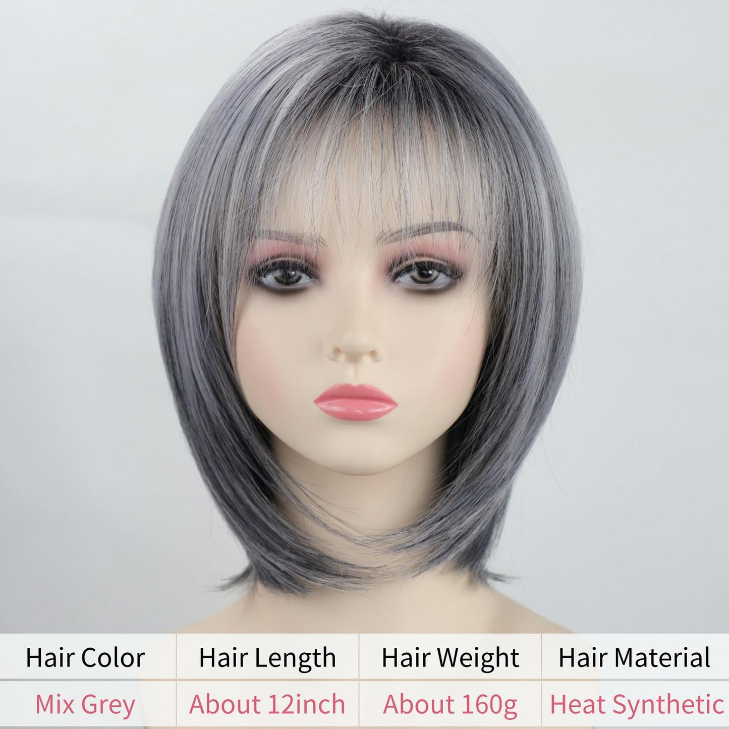 RENERSHOW Medium Length Bob Wigs for White Women Layered Blonde Highlight Straight Pixie Bob Wig with Bangs Heat Synthetic Natural Daily Party Wig 12inch Average Size Wig