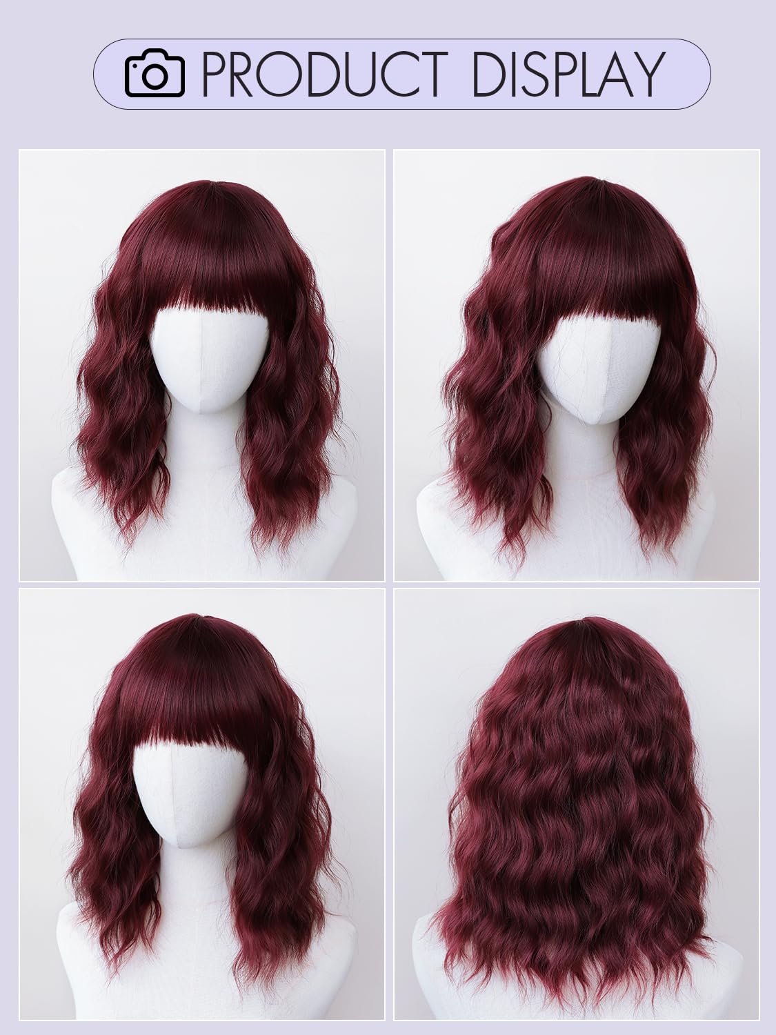 Bob Wavy Wigs for Women Reddish Caramel Brown Short Curly Hair Wig with Bangs Shoulder Length Style Synthetic Realistic Heat Resistant Wig for Everyday Hairstyle 16 Inch