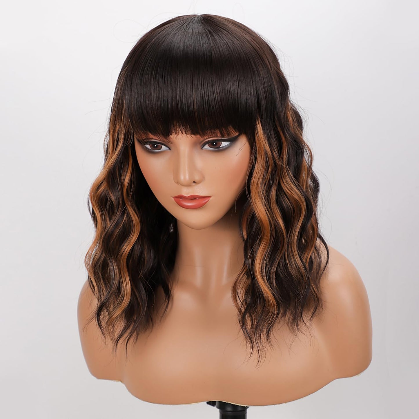 Bob Wavy Wigs for Women Reddish Caramel Brown Short Curly Hair Wig with Bangs Shoulder Length Style Synthetic Realistic Heat Resistant Wig for Everyday Hairstyle 16 Inch