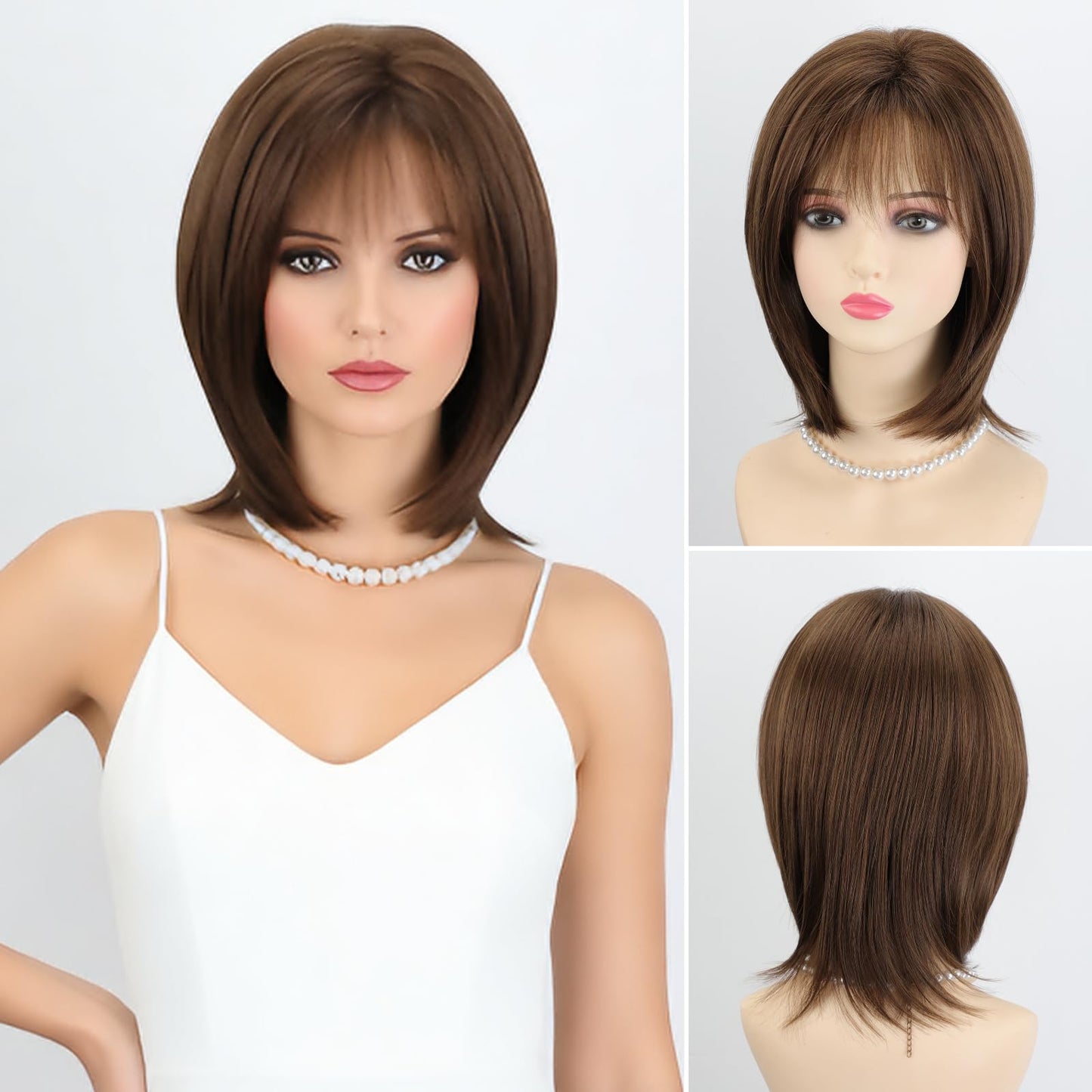 RENERSHOW Medium Length Bob Wigs for White Women Layered Blonde Highlight Straight Pixie Bob Wig with Bangs Heat Synthetic Natural Daily Party Wig 12inch Average Size Wig