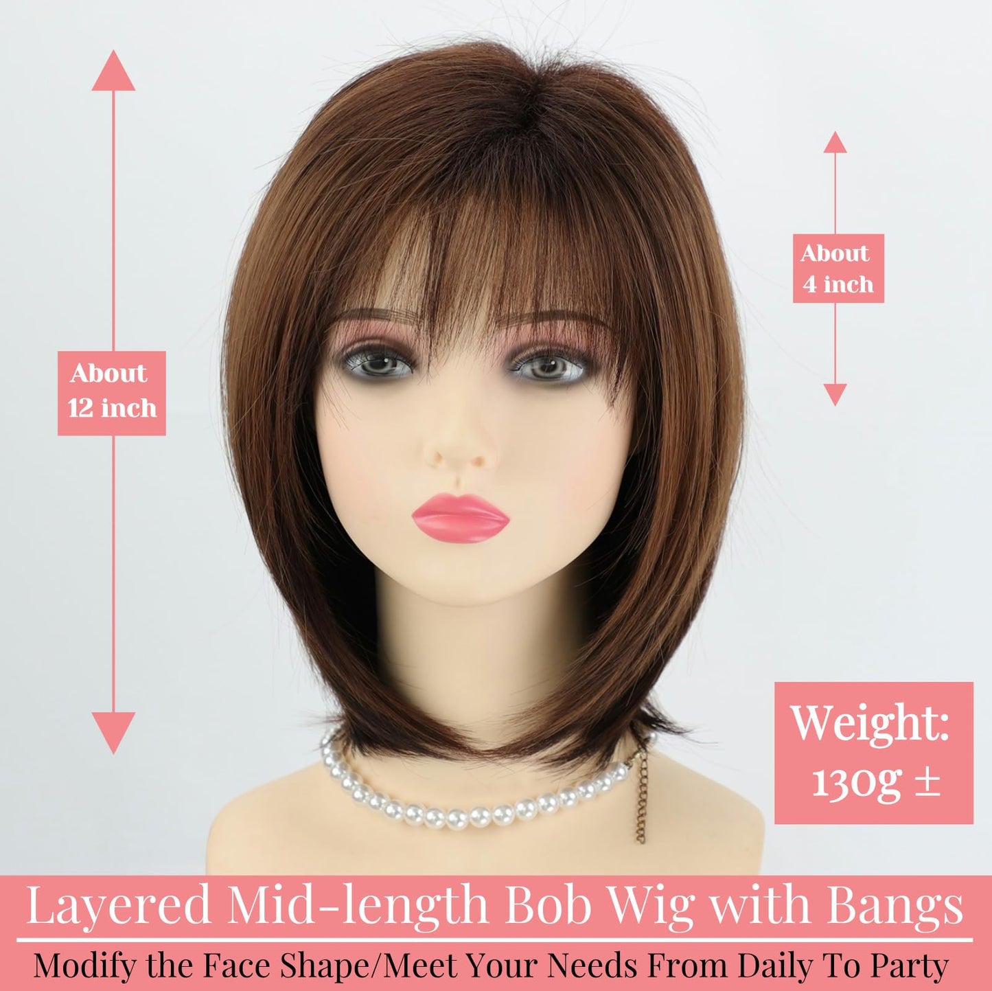 RENERSHOW Medium Length Bob Wigs for White Women Layered Blonde Highlight Straight Pixie Bob Wig with Bangs Heat Synthetic Natural Daily Party Wig 12inch Average Size Wig