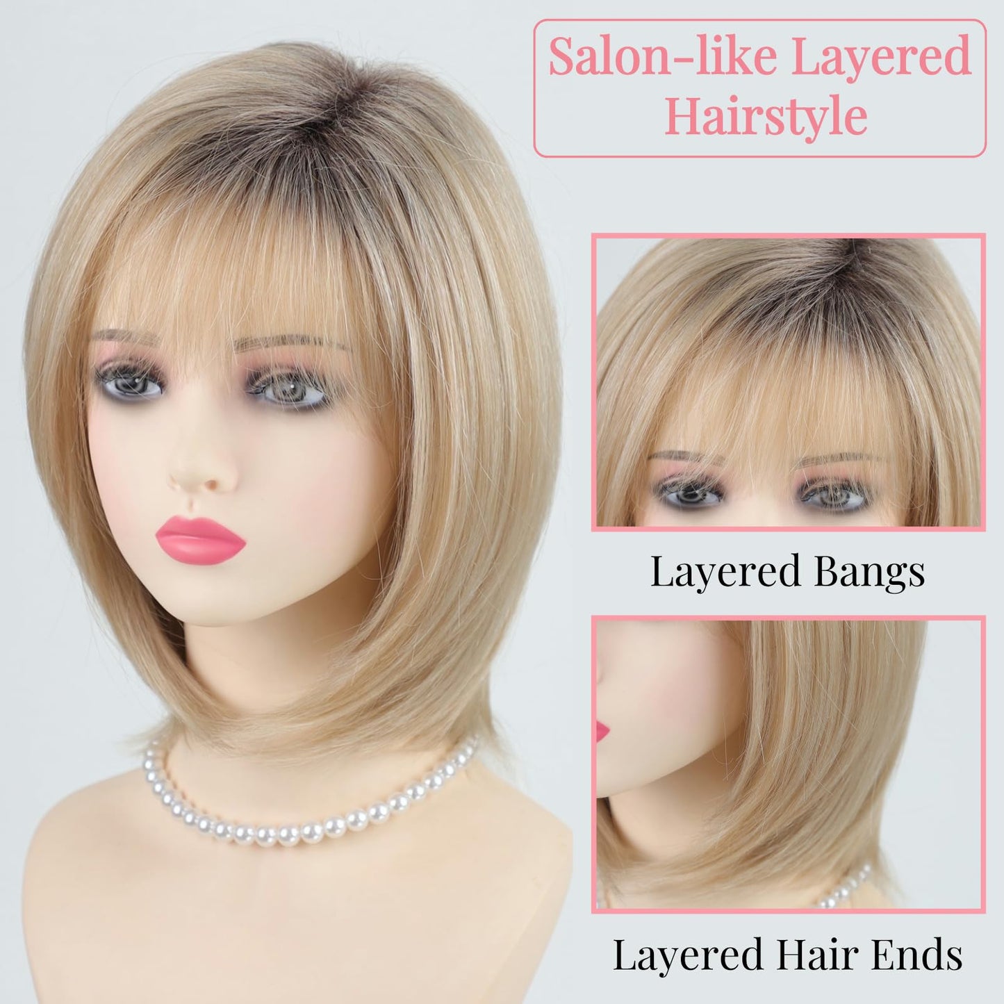 RENERSHOW Medium Length Bob Wigs for White Women Layered Blonde Highlight Straight Pixie Bob Wig with Bangs Heat Synthetic Natural Daily Party Wig 12inch Average Size Wig
