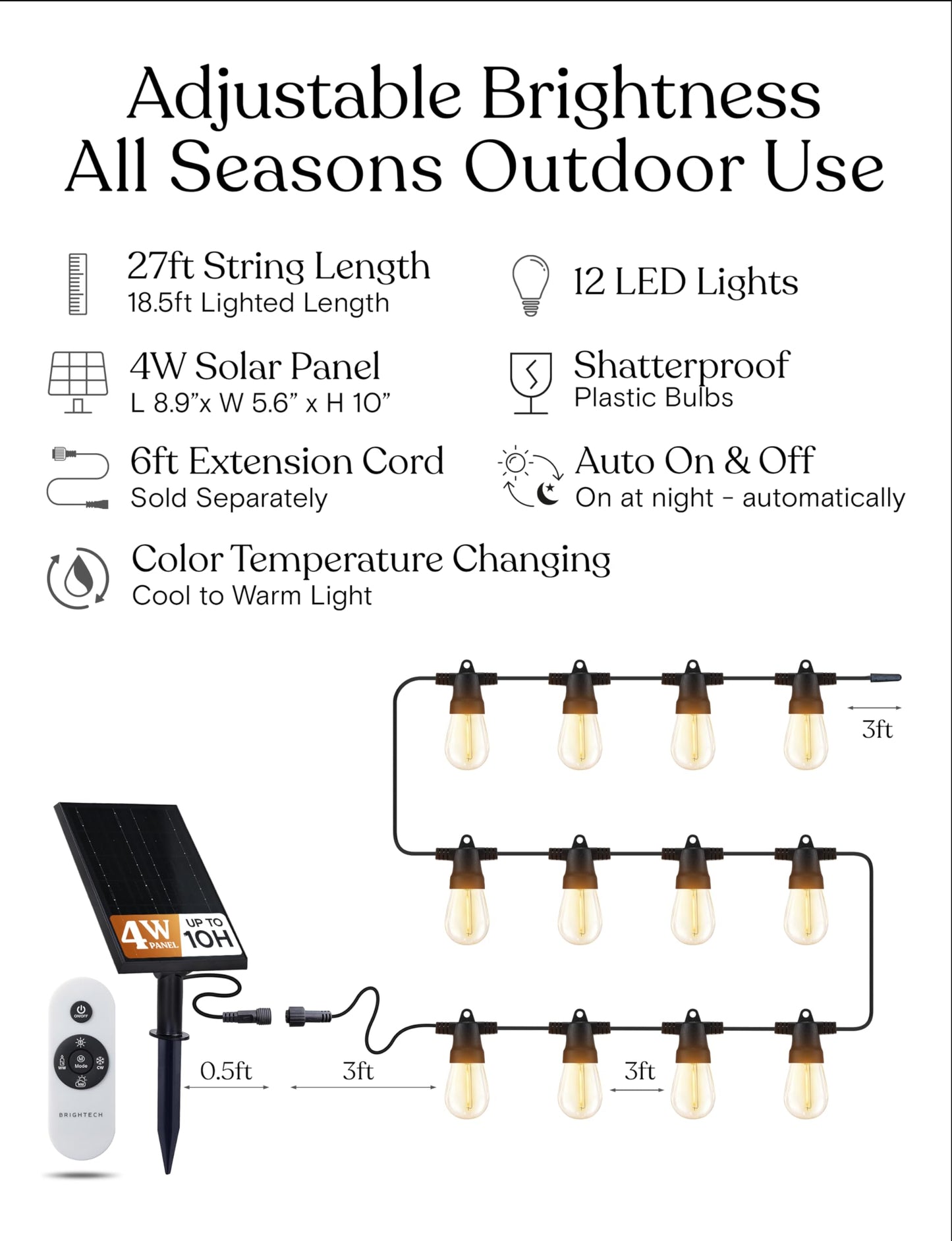 Brightech Ambience Pro Solar Powered Outdoor String Lights -27 ft Commercial Grade Waterproof Edison Patio Lights, Shatterproof LED String Lights for Outside, Porch - 12 Bulbs, 1W Soft White